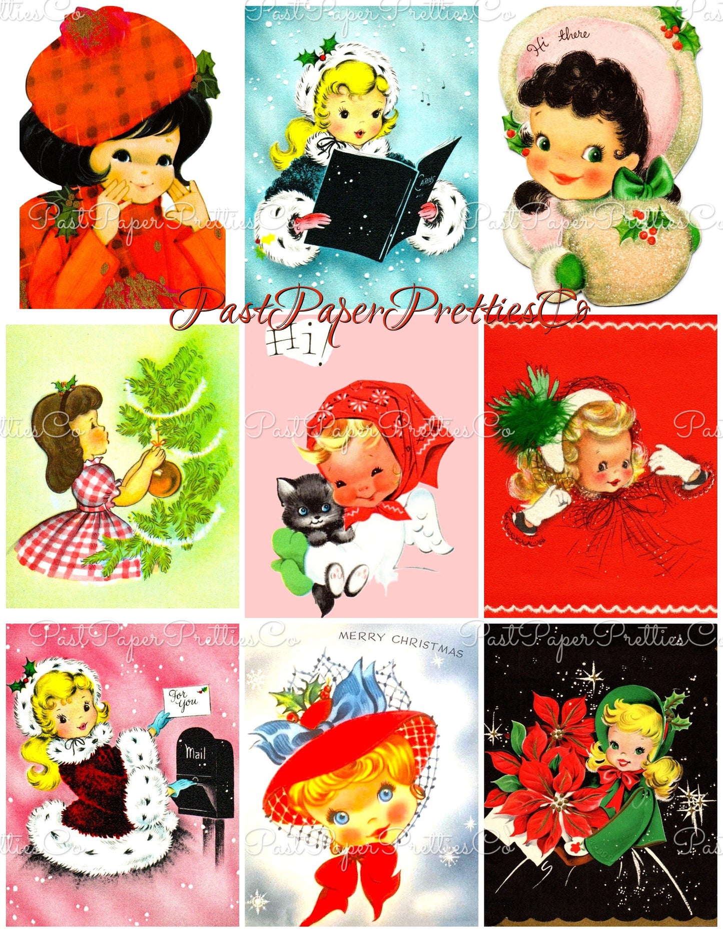 Vintage Christmas Girls Faces Portraits Collage Sheets & Full Card Images Printable PDF Instant Digital Download 54 Designs