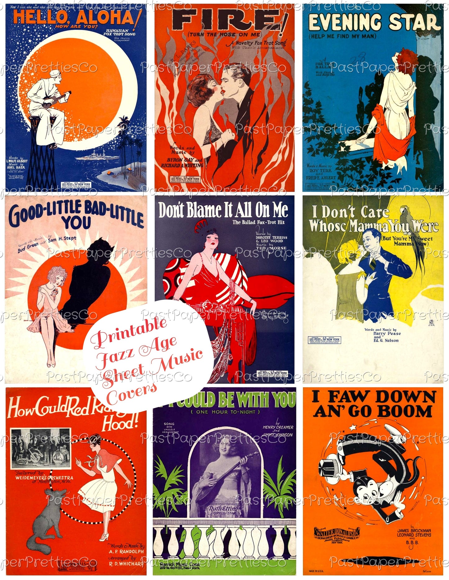 Vintage Jazz Era Sheet Music Covers Collage Images Printable PDF Instant Digital Download Flappers Tuxedoed Men Romance Art Deco Roaring 20s