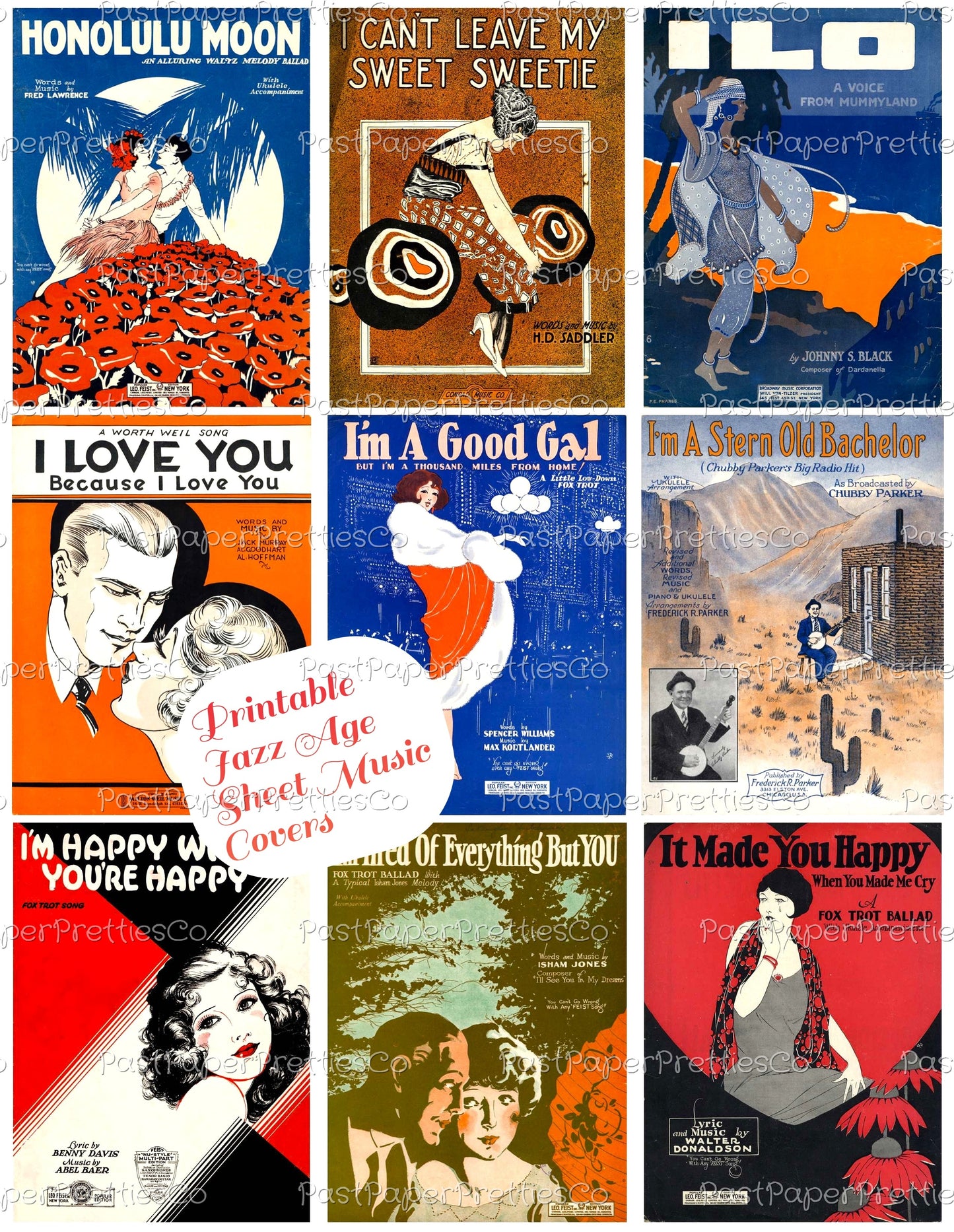 Vintage Jazz Era Sheet Music Covers Collage Images Printable PDF Instant Digital Download Flappers Tuxedoed Men Romance Art Deco Roaring 20s