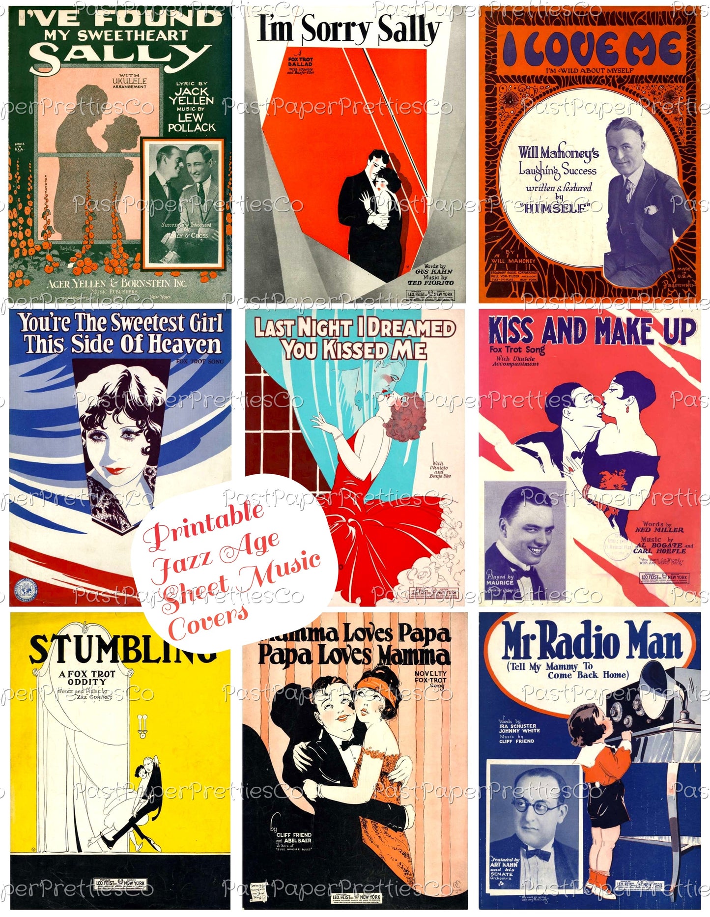 Vintage Jazz Era Sheet Music Covers Collage Images Printable PDF Instant Digital Download Flappers Tuxedoed Men Romance Art Deco Roaring 20s