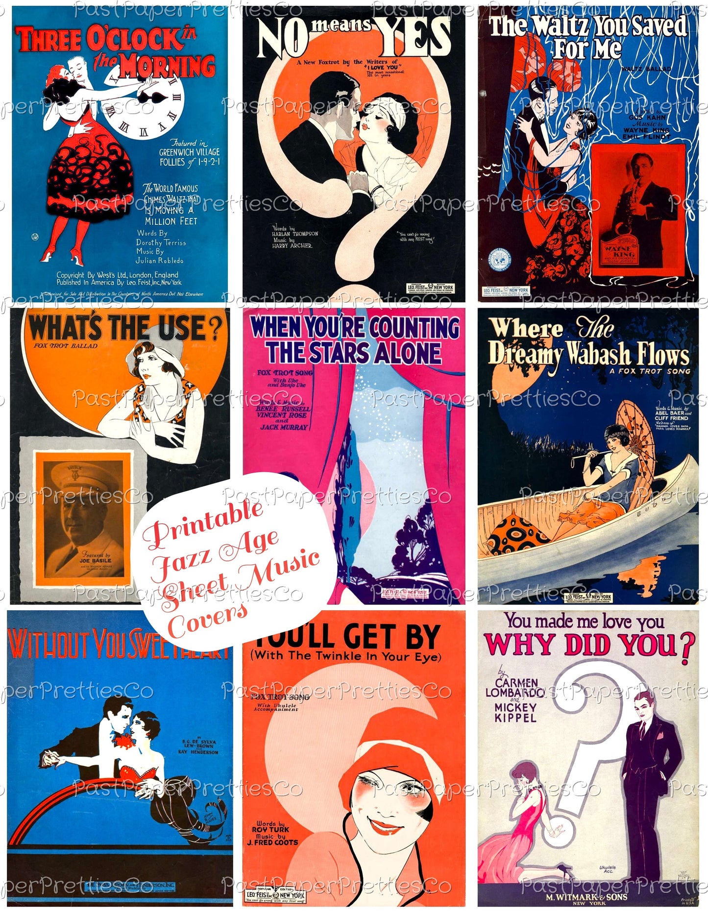 Vintage Jazz Era Sheet Music Covers Collage Images Printable PDF Instant Digital Download Flappers Tuxedoed Men Romance Art Deco Roaring 20s