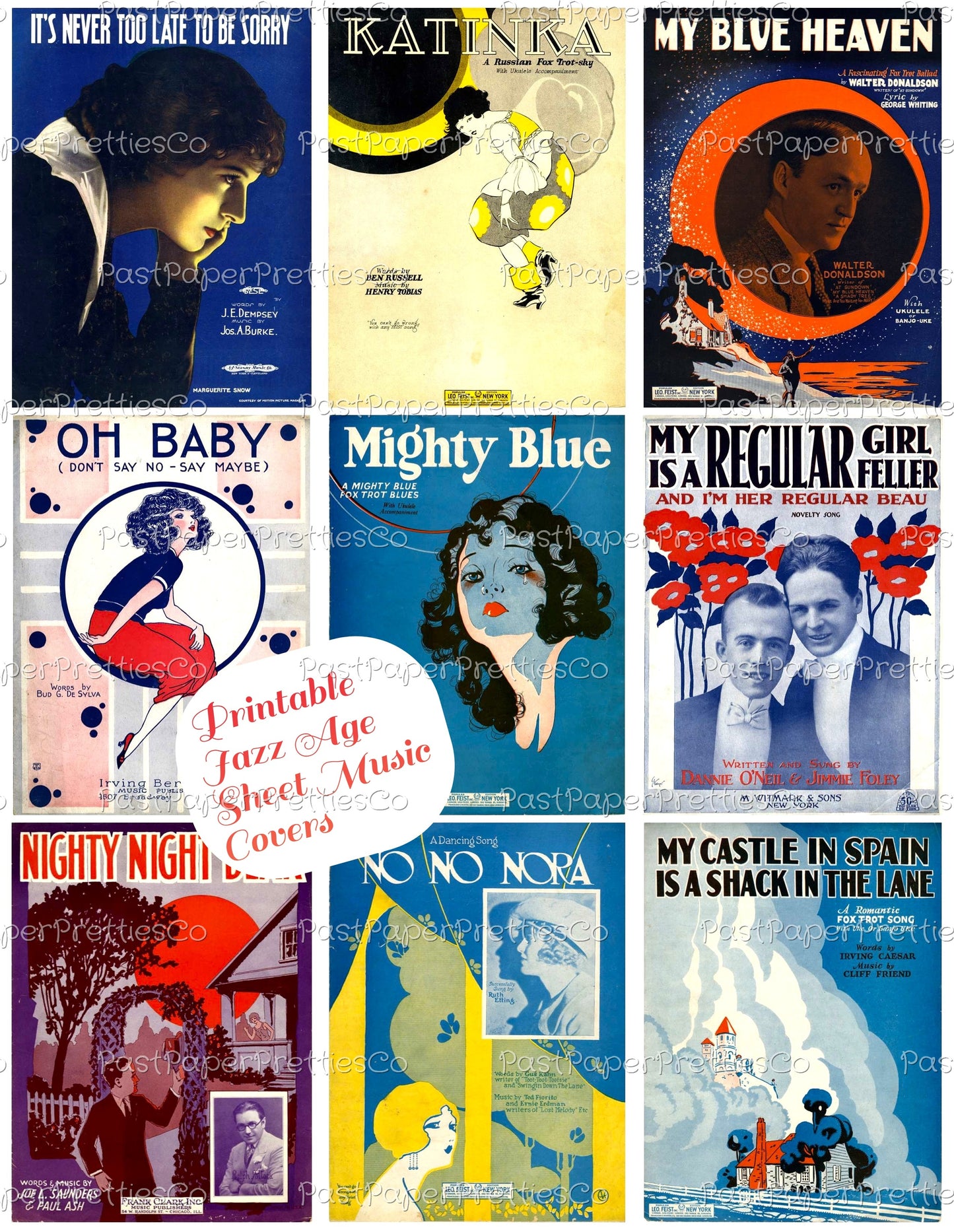 Vintage Jazz Era Sheet Music Covers Collage Images Printable PDF Instant Digital Download Flappers Tuxedoed Men Romance Art Deco Roaring 20s