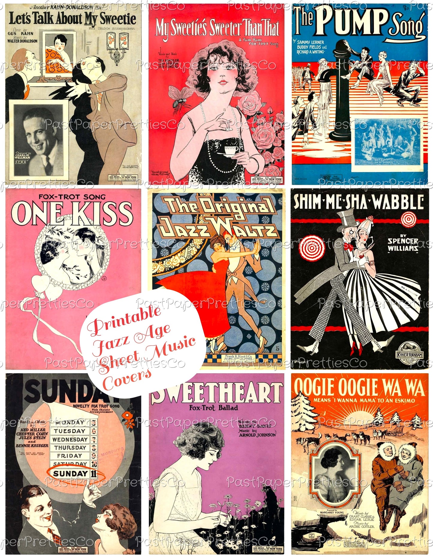 Vintage Jazz Era Sheet Music Covers Collage Images Printable PDF Instant Digital Download Flappers Tuxedoed Men Romance Art Deco Roaring 20s