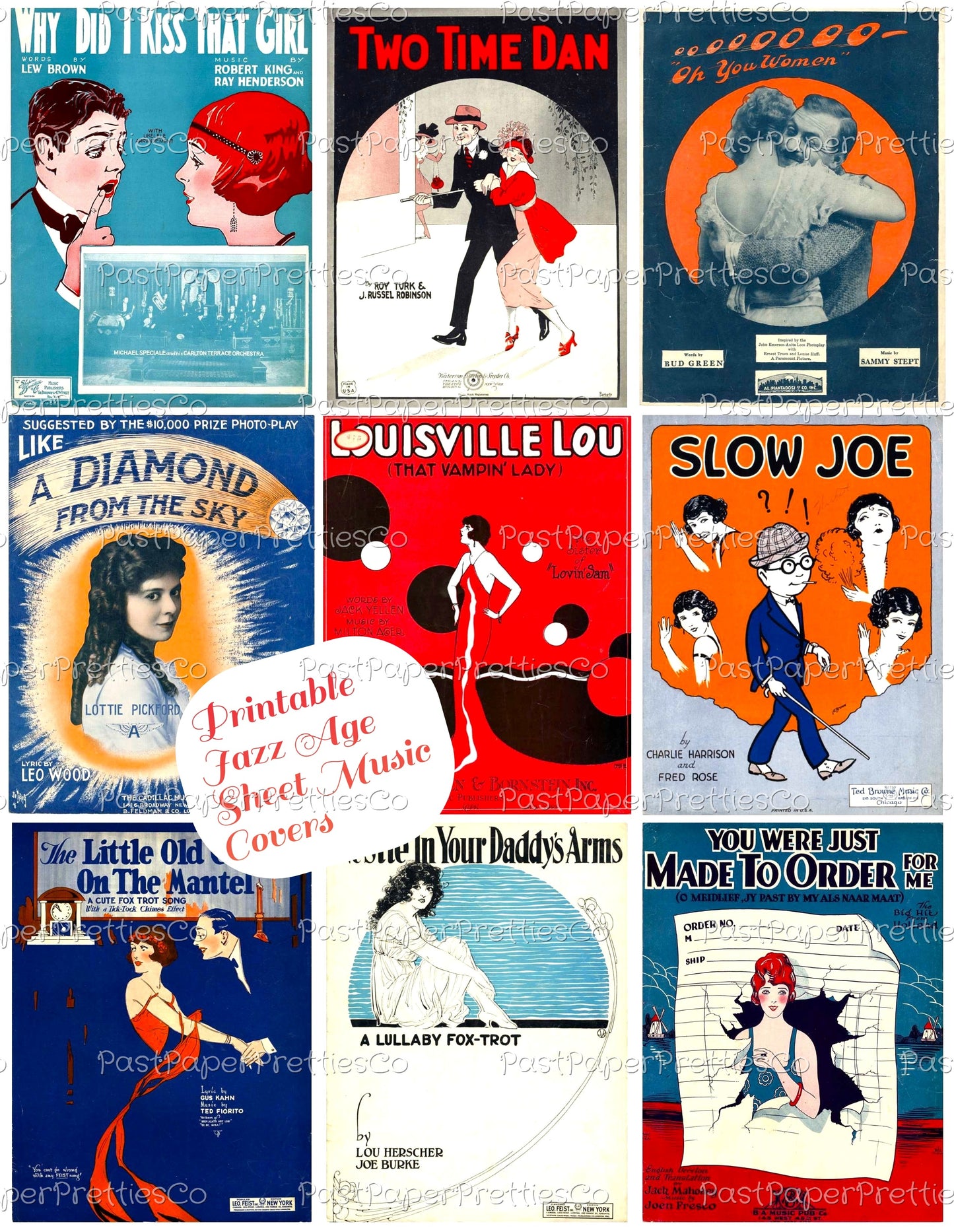Vintage Jazz Era Sheet Music Covers Collage Images Printable PDF Instant Digital Download Flappers Tuxedoed Men Romance Art Deco Roaring 20s