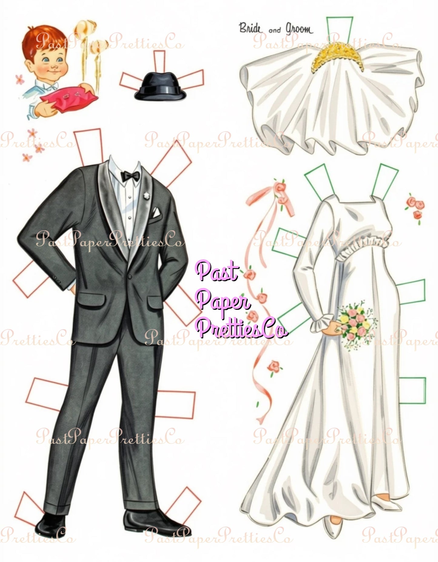 Vintage Paper Dolls Bride and Groom 1960s Printable PDF Instant Digital Download 2 Wedding Dolls and Clothes Clip Art
