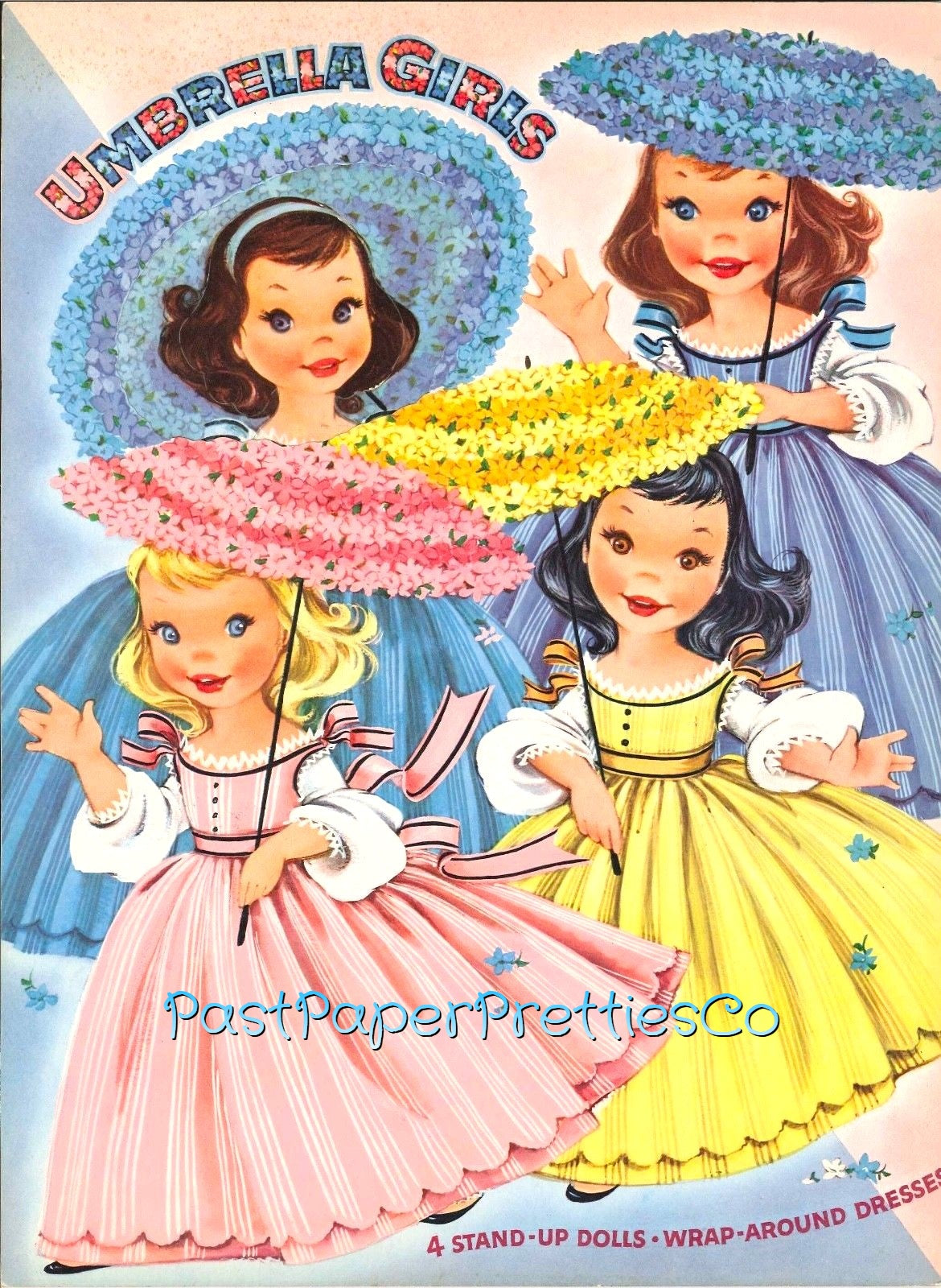 Vintage Paper Dolls Cute Umbrella Girls Printable PDF Instant Digital Download Kitschy Flower Parasol Girls Wrap Around Dresses