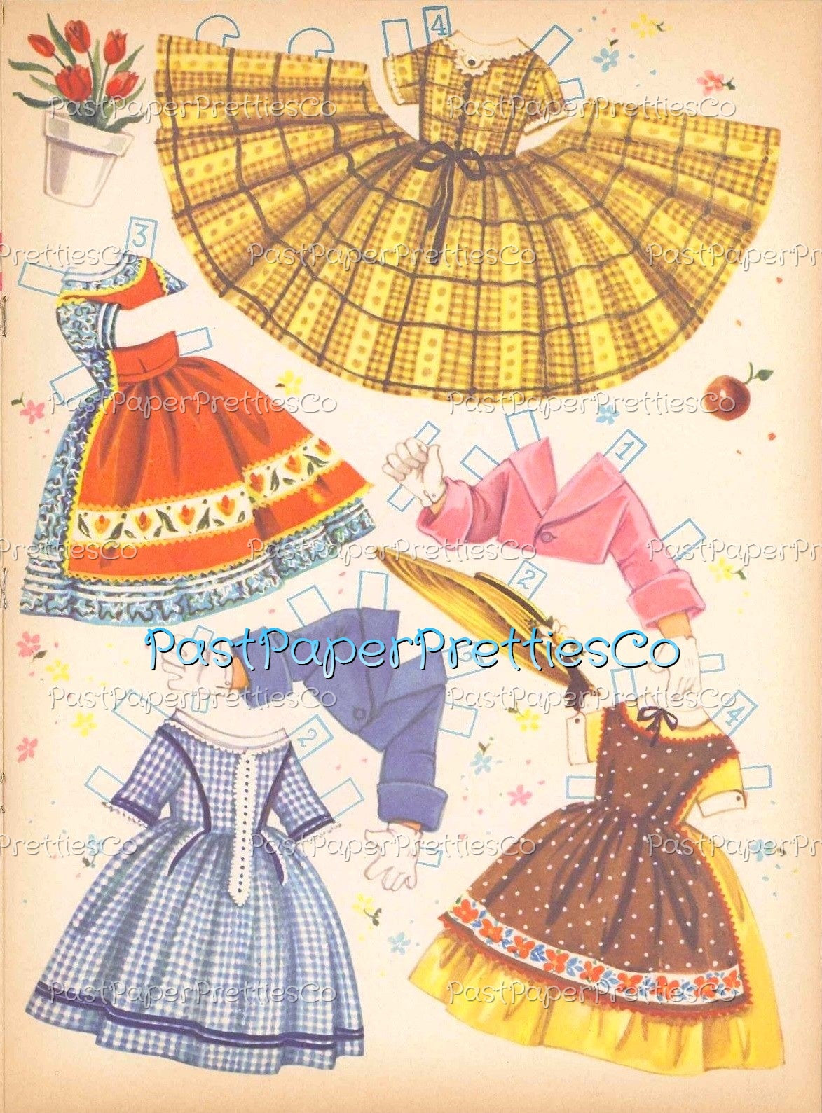 Vintage Paper Dolls Cute Umbrella Girls Printable PDF Instant Digital Download Kitschy Flower Parasol Girls Wrap Around Dresses