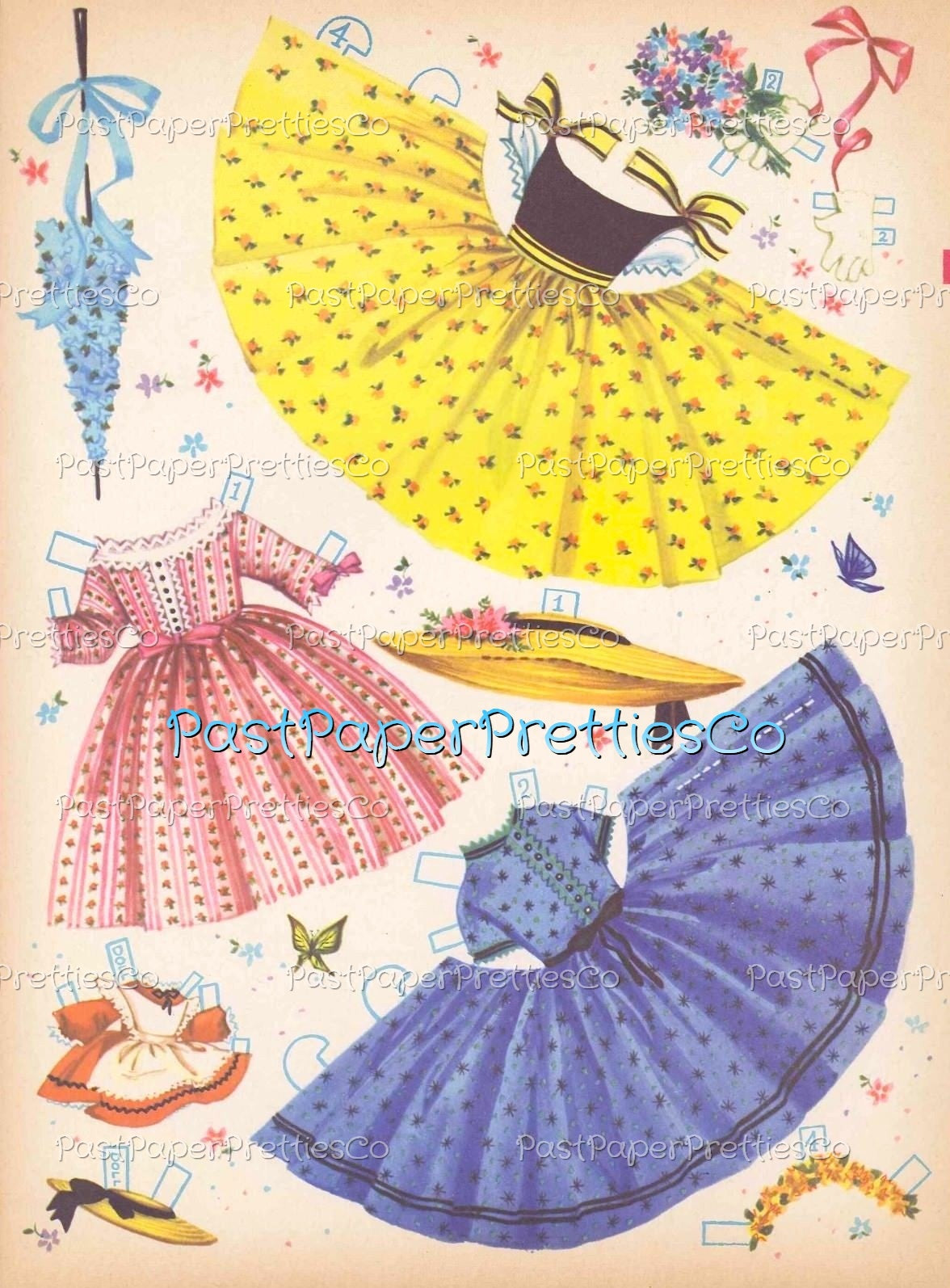 Vintage Paper Dolls Cute Umbrella Girls Printable PDF Instant Digital Download Kitschy Flower Parasol Girls Wrap Around Dresses