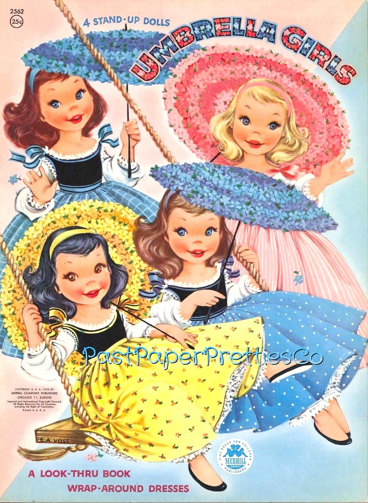 Vintage Paper Dolls Cute Umbrella Girls Printable PDF Instant Digital Download Kitschy Flower Parasol Girls Wrap Around Dresses