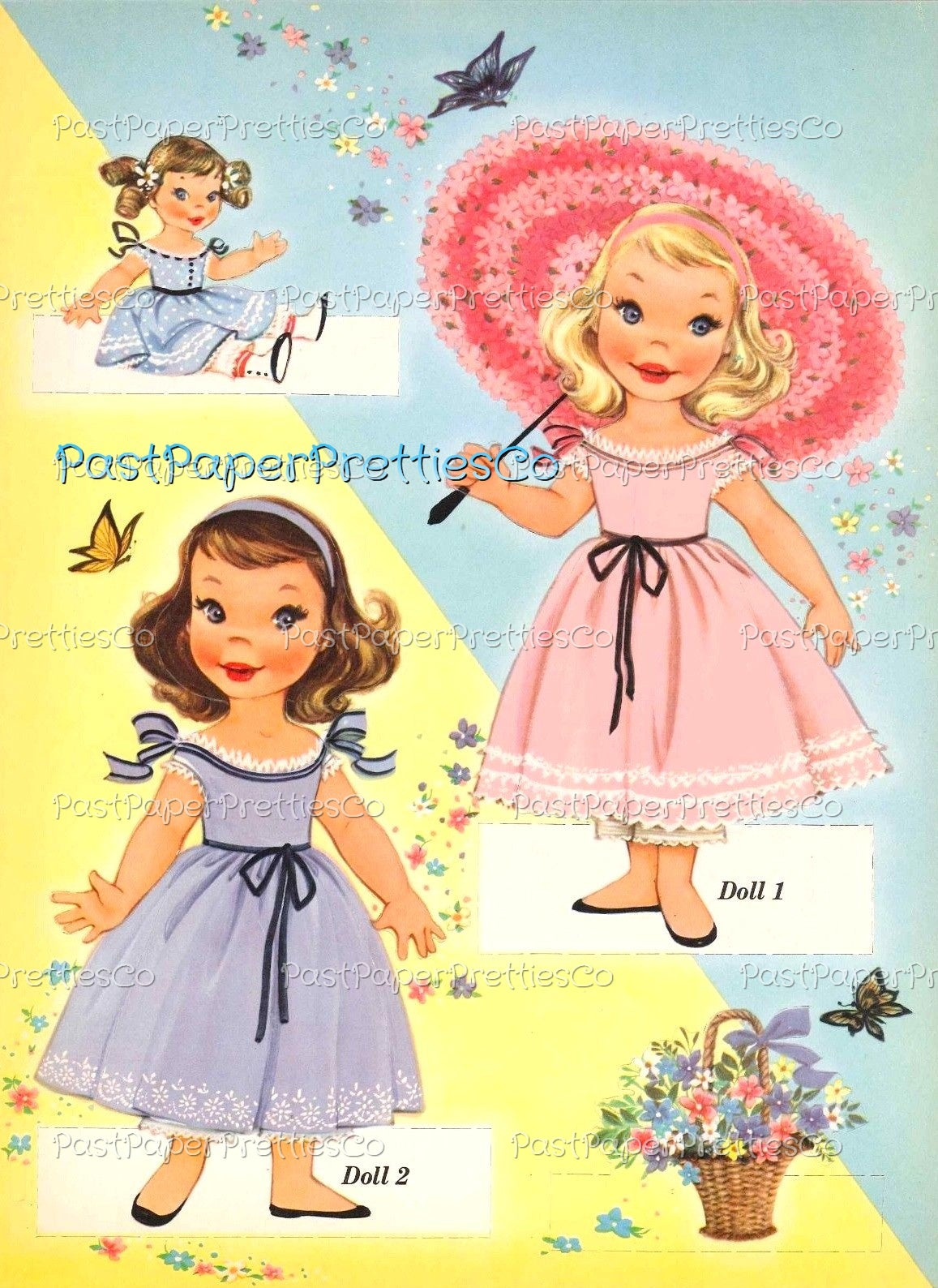 Vintage Paper Dolls Cute Umbrella Girls Printable PDF Instant Digital Download Kitschy Flower Parasol Girls Wrap Around Dresses