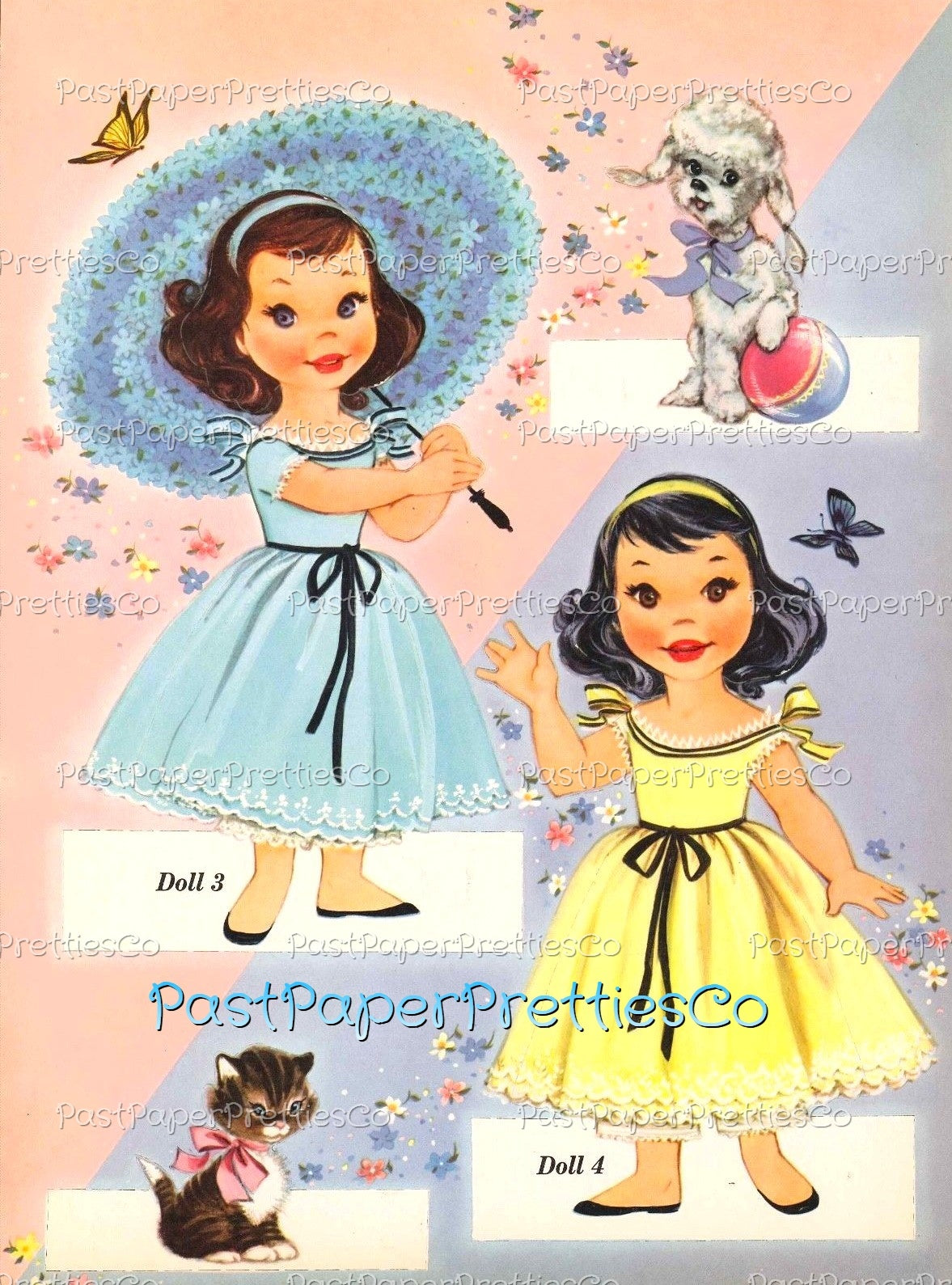 Vintage Paper Dolls Cute Umbrella Girls Printable PDF Instant Digital Download Kitschy Flower Parasol Girls Wrap Around Dresses