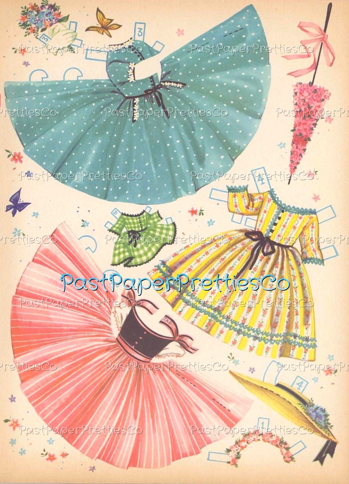 Vintage Paper Dolls Cute Umbrella Girls Printable PDF Instant Digital Download Kitschy Flower Parasol Girls Wrap Around Dresses
