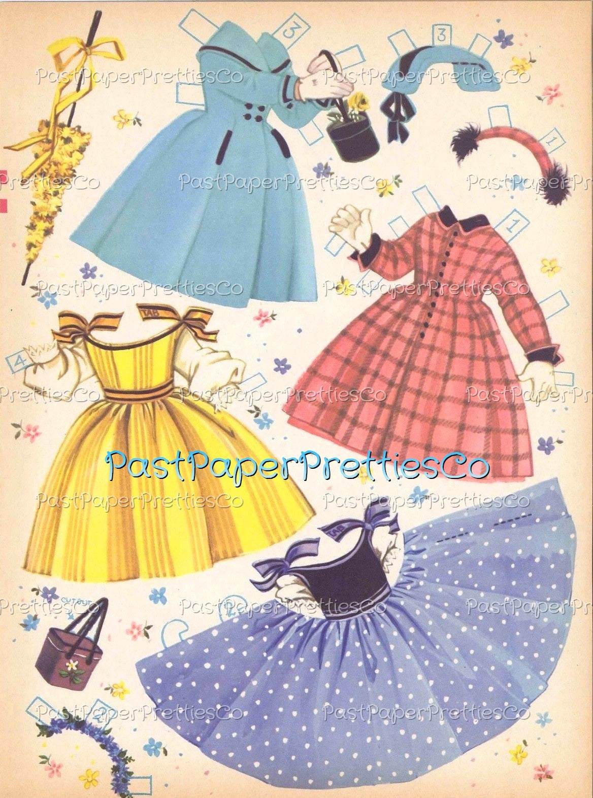 Vintage Paper Dolls Cute Umbrella Girls Printable PDF Instant Digital Download Kitschy Flower Parasol Girls Wrap Around Dresses