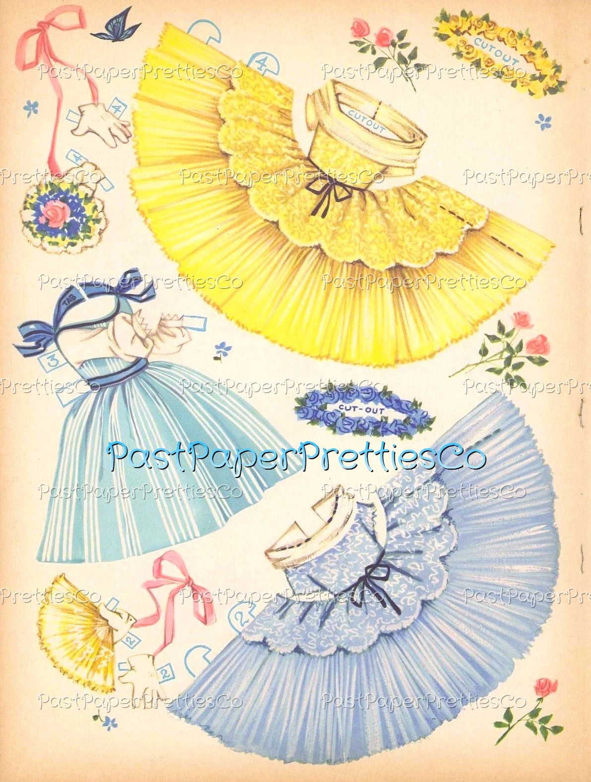 Vintage Paper Dolls Cute Umbrella Girls Printable PDF Instant Digital Download Kitschy Flower Parasol Girls Wrap Around Dresses