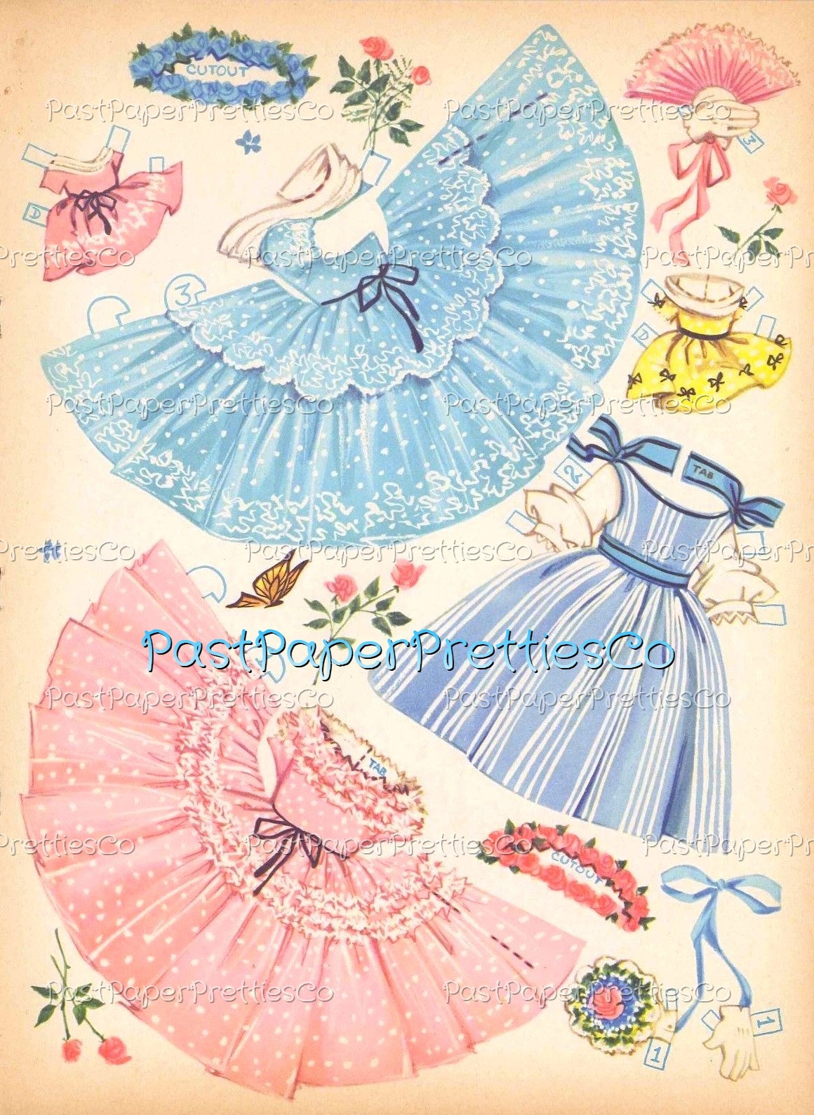 Vintage Paper Dolls Cute Umbrella Girls Printable PDF Instant Digital Download Kitschy Flower Parasol Girls Wrap Around Dresses