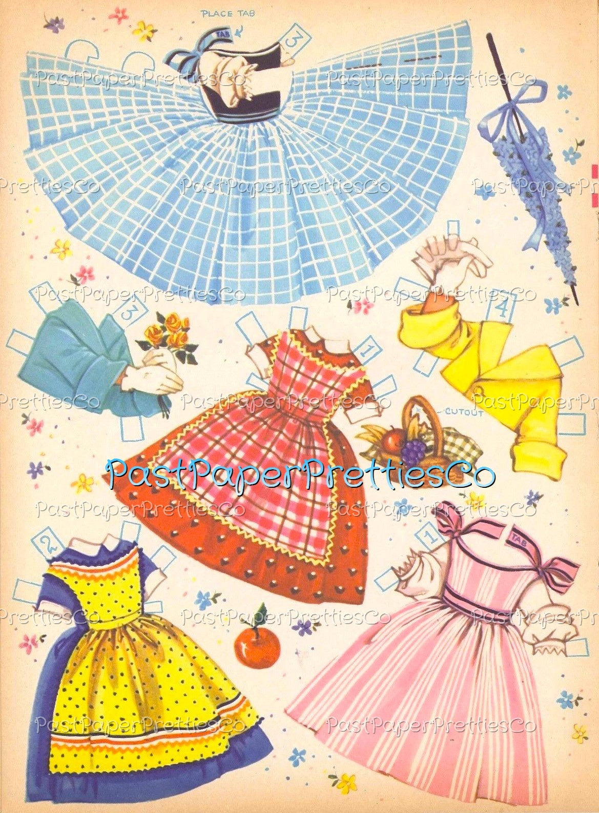 Vintage Paper Dolls Cute Umbrella Girls Printable PDF Instant Digital Download Kitschy Flower Parasol Girls Wrap Around Dresses