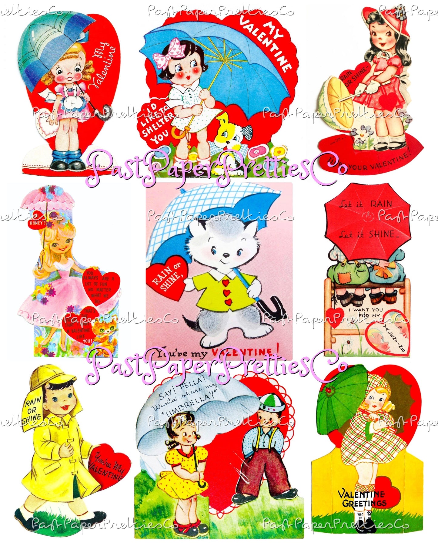 Vintage Valentines Day ALL Umbrella Themed Printable Card Image Collages PDF Instant Digital Download 54 Cute Rain or Shine Love Clipart