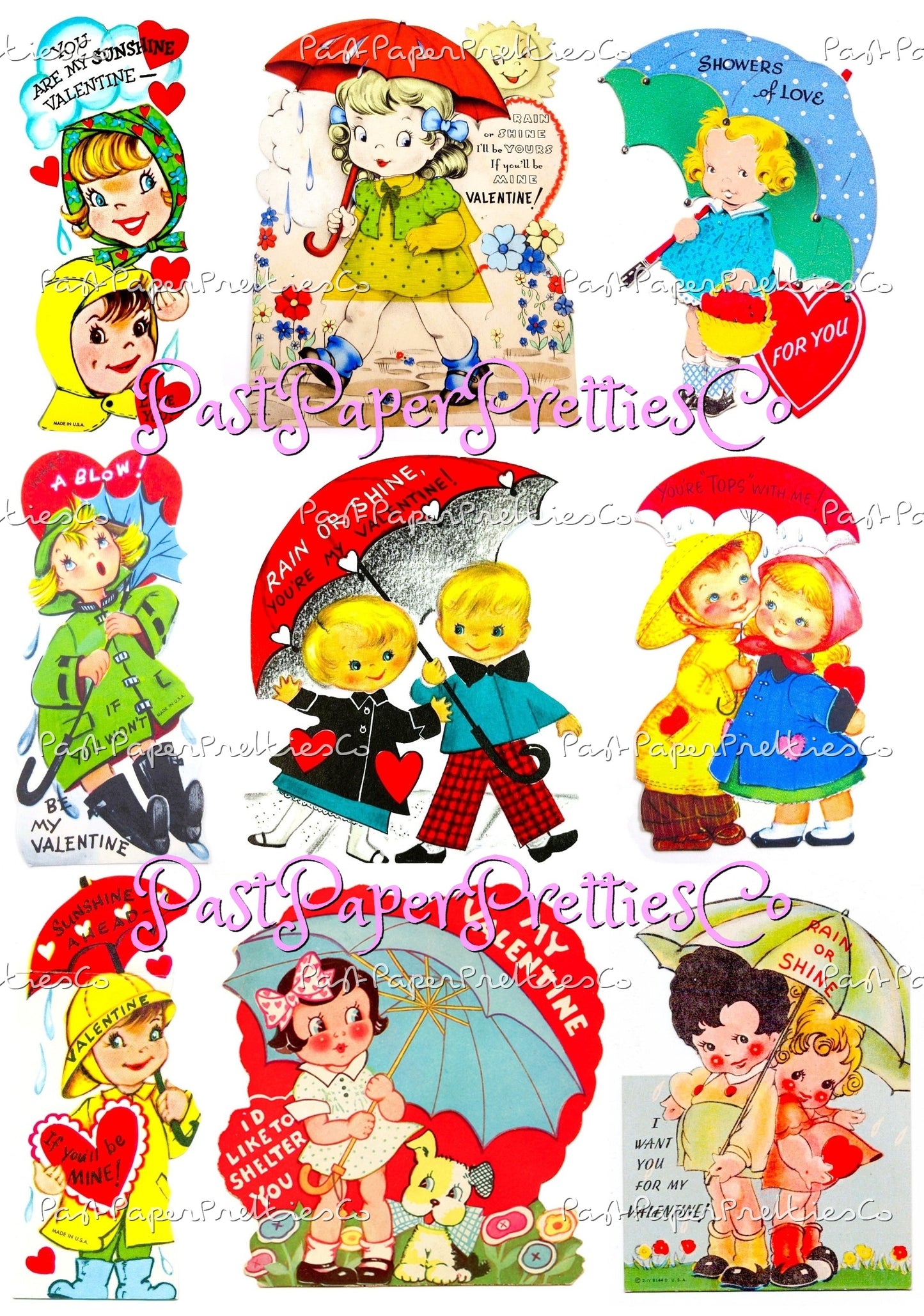 Vintage Valentines Day ALL Umbrella Themed Printable Card Image Collages PDF Instant Digital Download 54 Cute Rain or Shine Love Clipart