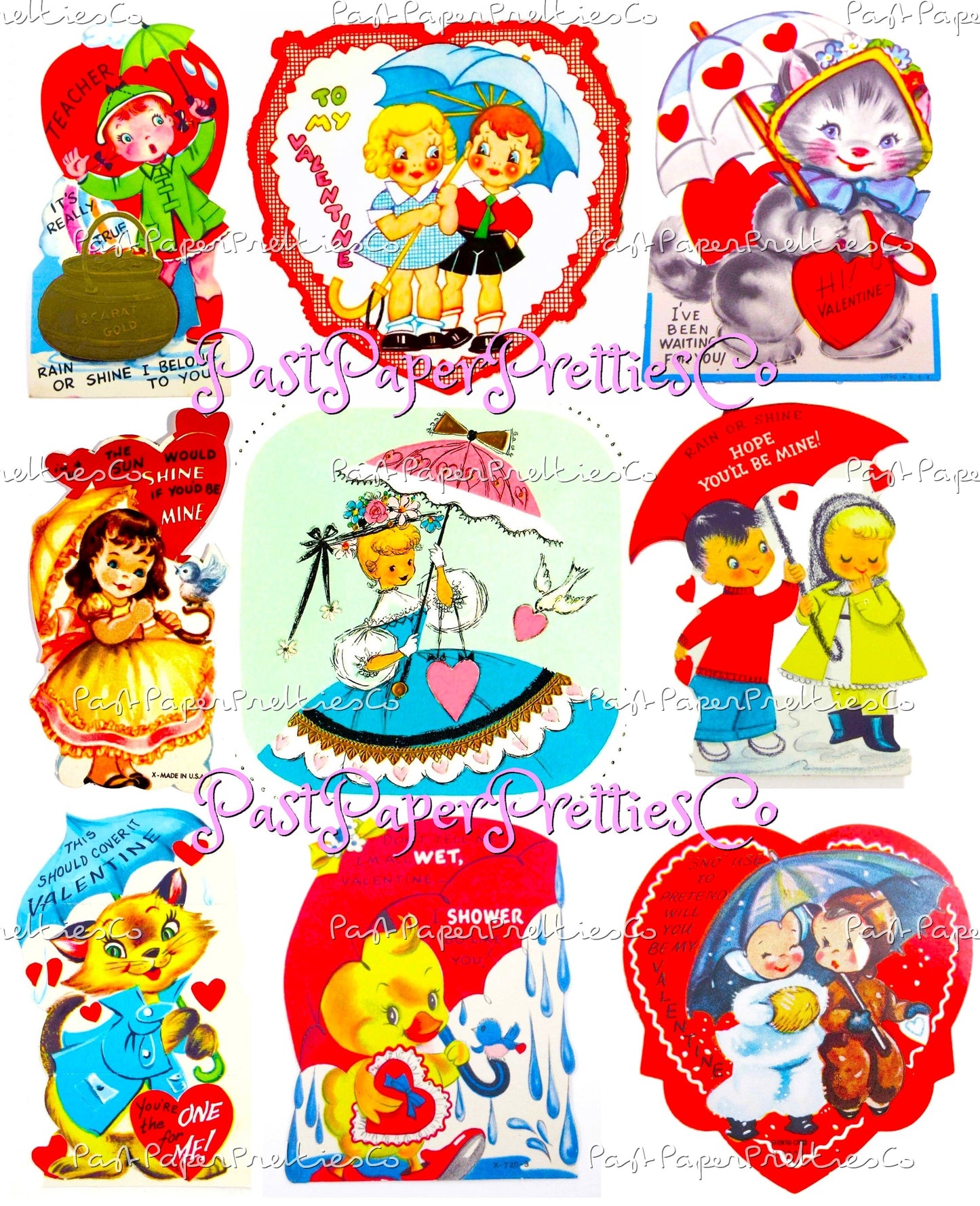 Vintage Valentines Day ALL Umbrella Themed Printable Card Image Collages PDF Instant Digital Download 54 Cute Rain or Shine Love Clipart