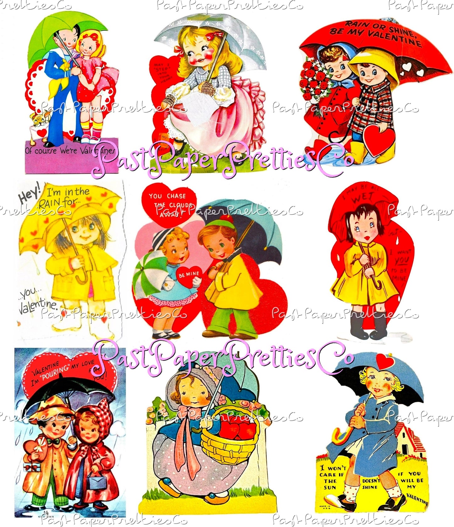 Vintage Valentines Day ALL Umbrella Themed Printable Card Image Collages PDF Instant Digital Download 54 Cute Rain or Shine Love Clipart