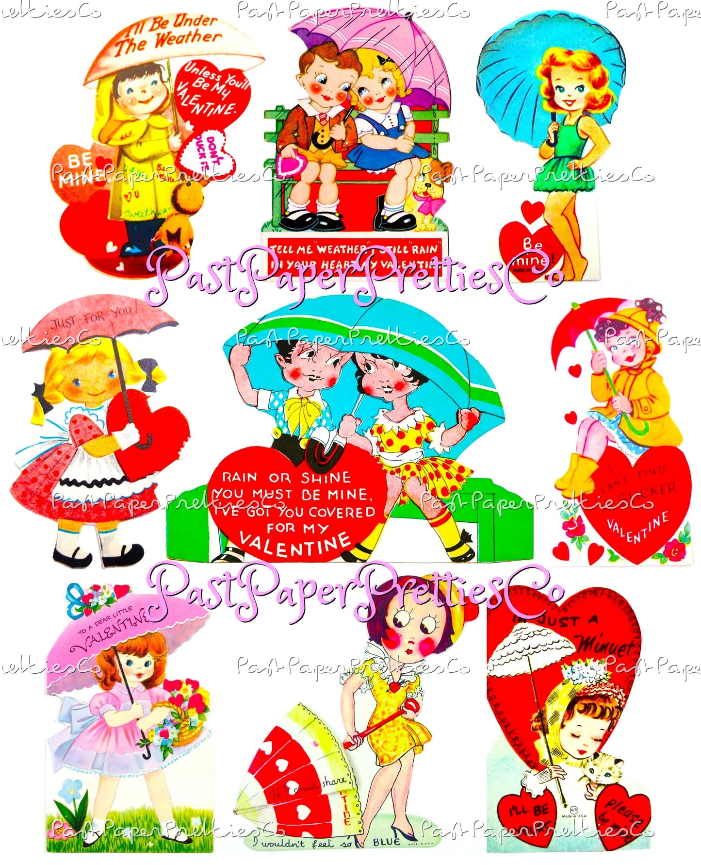 Vintage Valentines Day ALL Umbrella Themed Printable Card Image Collages PDF Instant Digital Download 54 Cute Rain or Shine Love Clipart