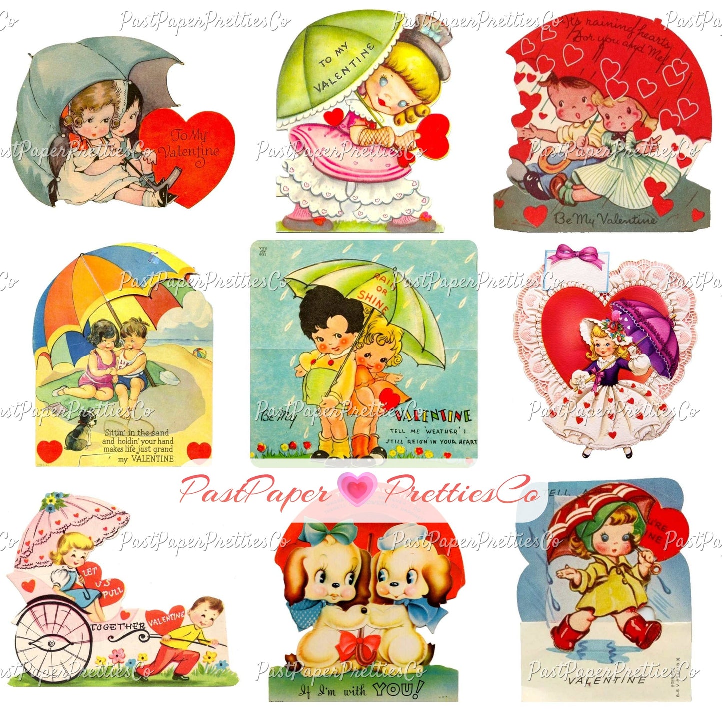 Vintage Valentines Day ALL Umbrella Themed Printable Card Image Collages PDF Instant Digital Download 78 Cute Rain or Shine Love Clipart
