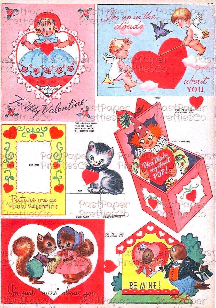 Vintage 26 Valentines Day Card Cut Outs Collage Sheets Retro 1947 Whitmans Printable PDF Instant Digital Download Kitschy Girls Boys Animals