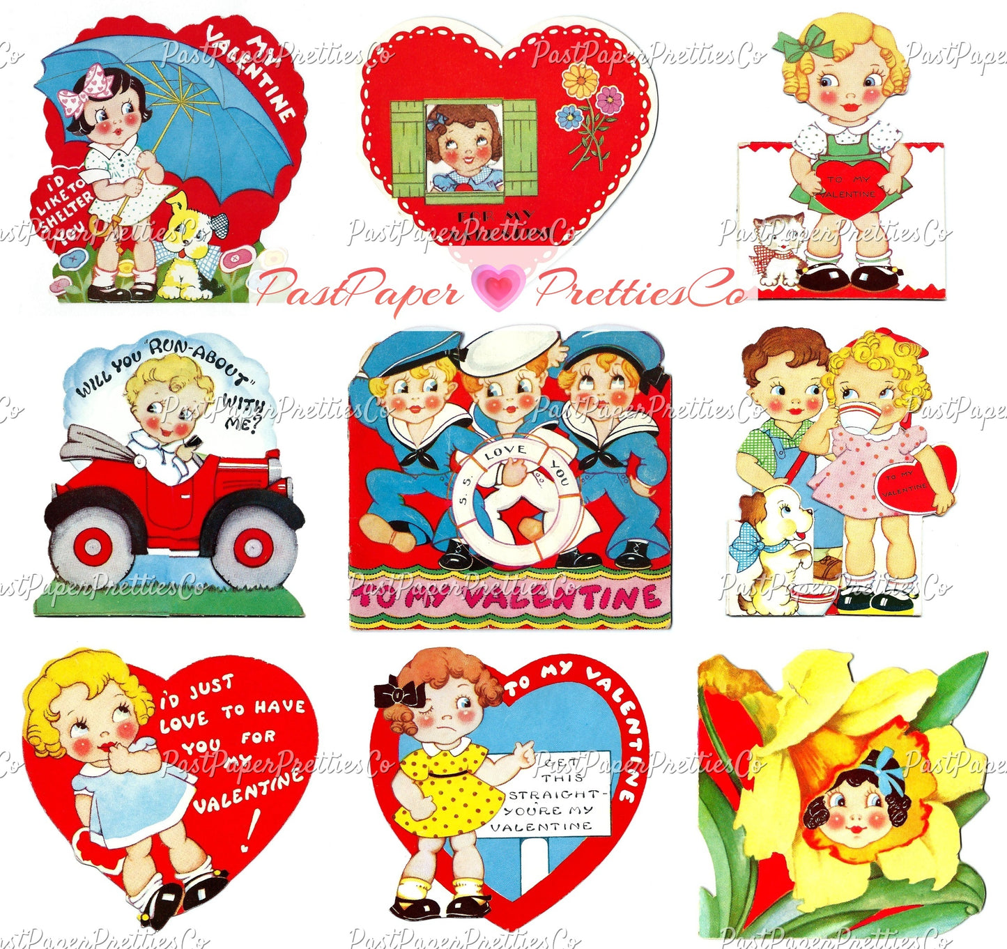 27 Vintage Big Eyed Children Valentine Cards Collage Sheets Cute Kitsch Girls Boys Printable PDF Instant Digital Download 1930s