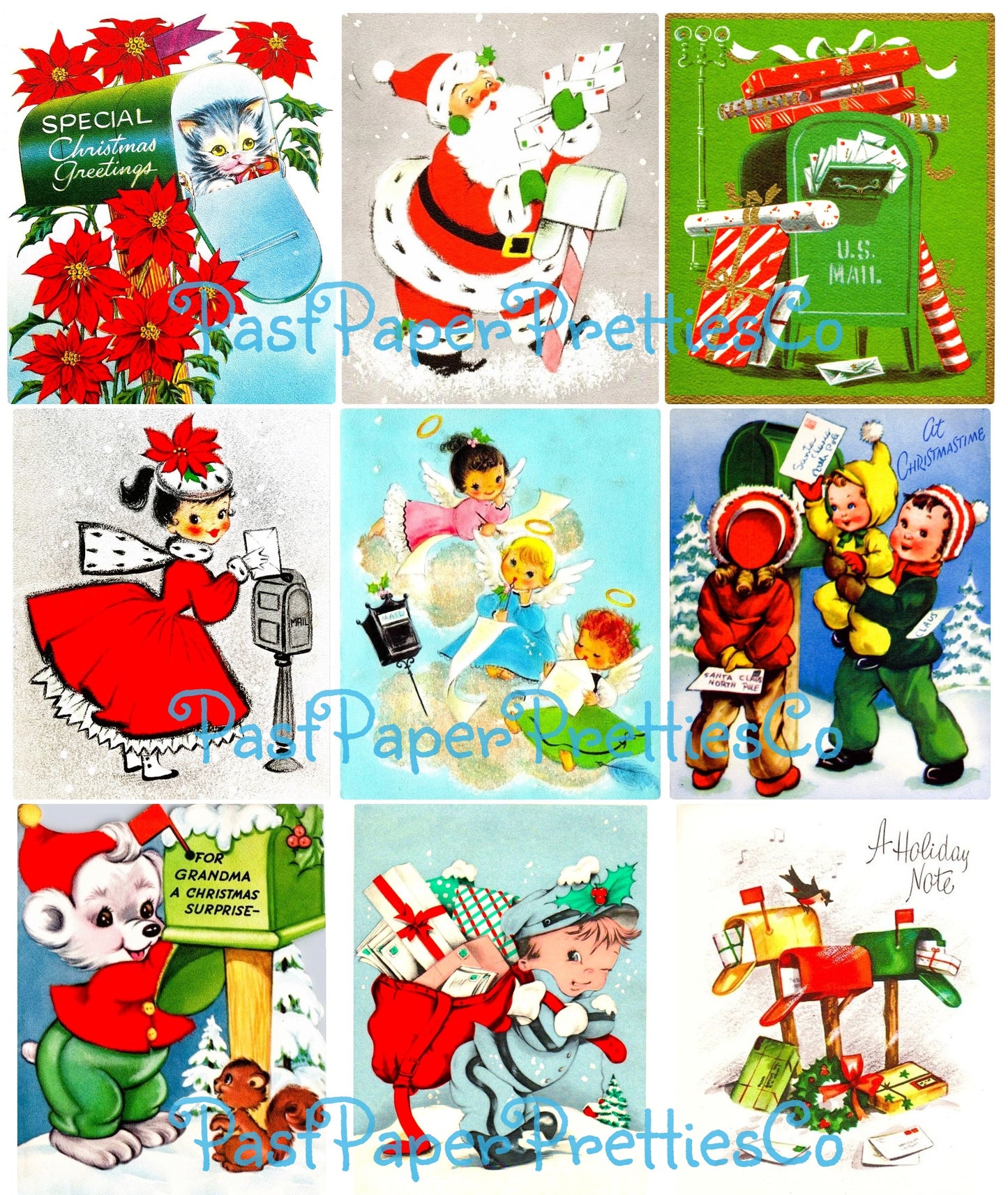 Vintage Printable Christmas Mailbox You've Got Mail Collage Sheets Retro MCM 36 Card Images PDF Instant Digital Download Cute Xmas Letters