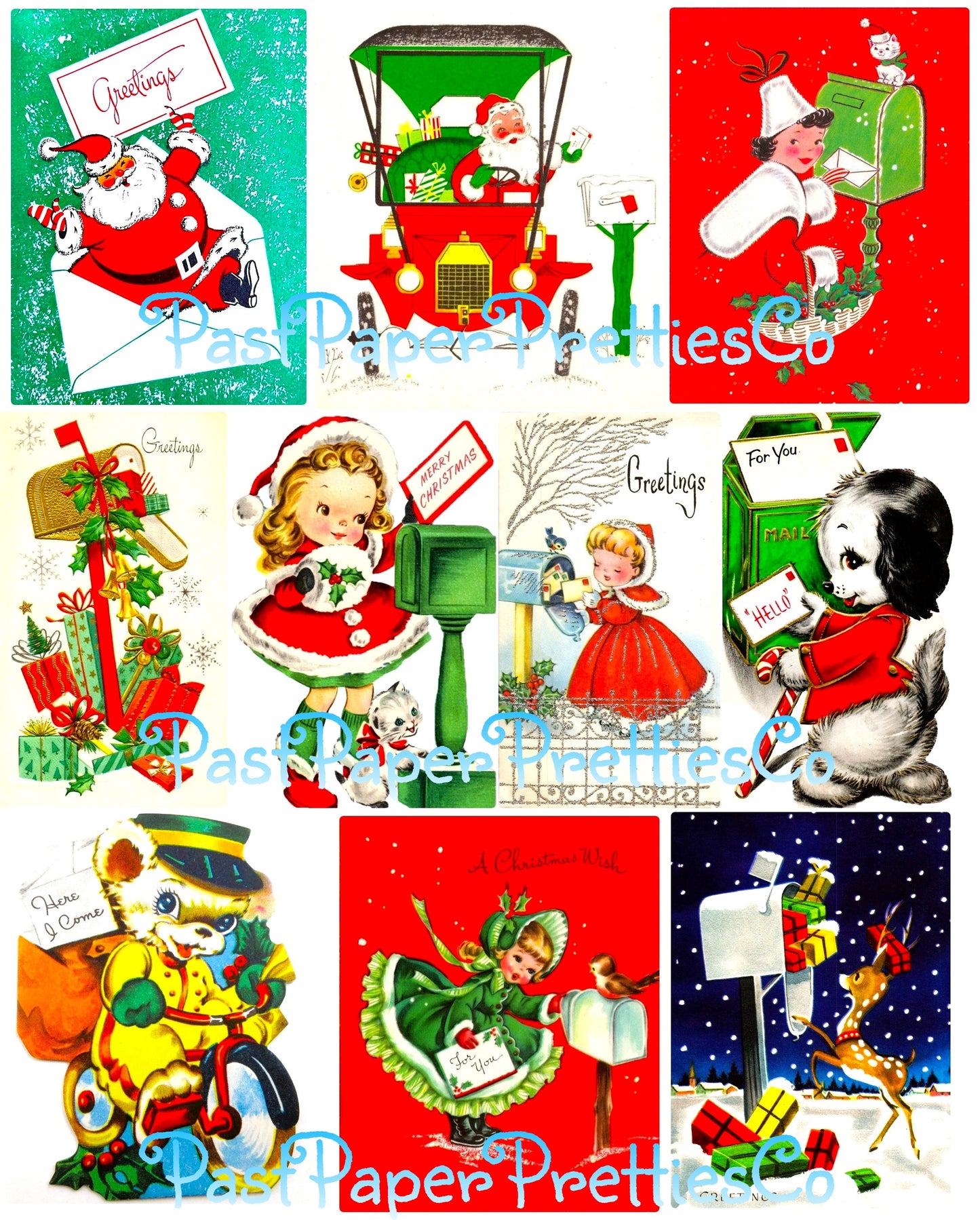 Vintage Printable Christmas Mailbox You've Got Mail Collage Sheets Retro MCM 36 Card Images PDF Instant Digital Download Cute Xmas Letters