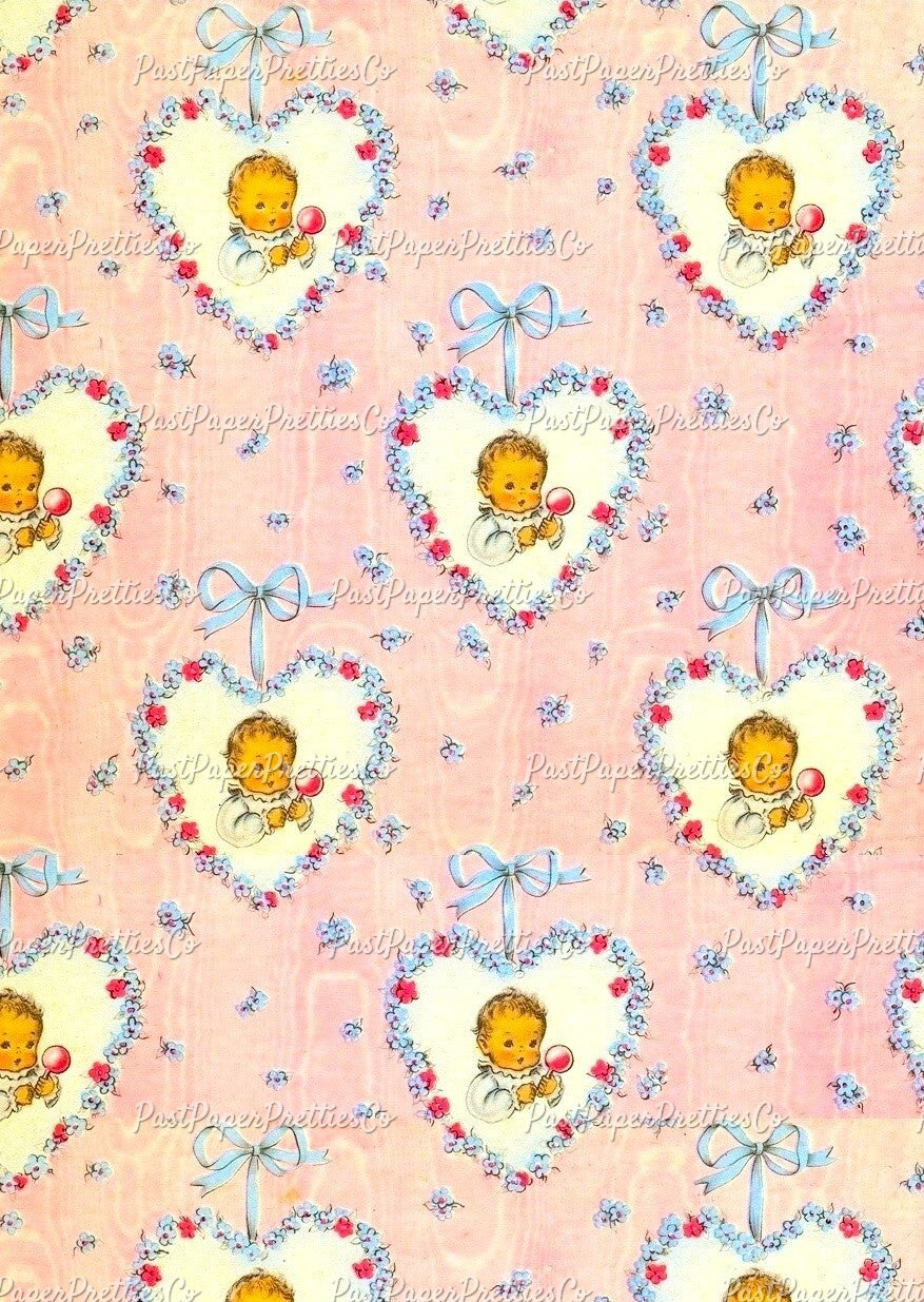 Vintage Printable Gift Wrap Kitsch Baby Girl in Flower Hearts Image Instant Digital Download Cute New Baby Shower Wrapping Paper