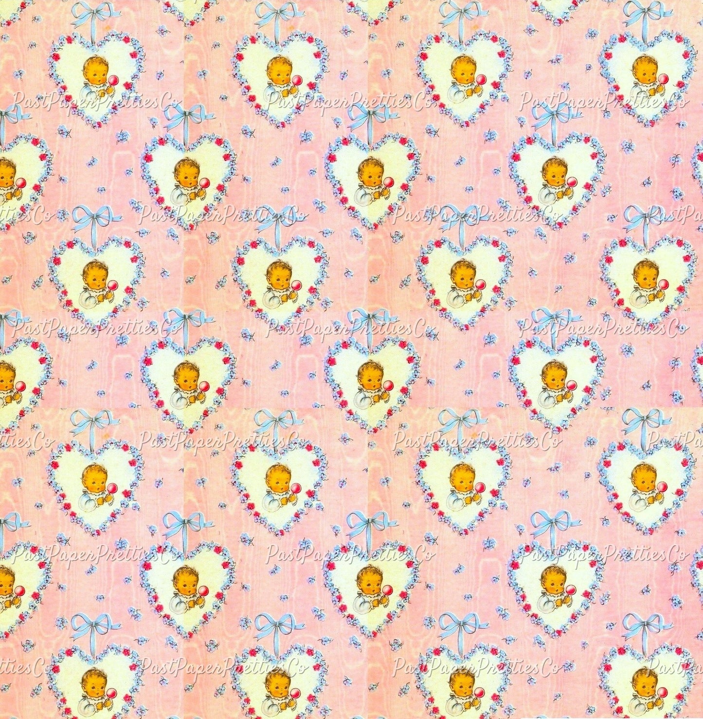 Vintage Printable Gift Wrap Kitsch Baby Girl in Flower Hearts Image Instant Digital Download Cute New Baby Shower Wrapping Paper