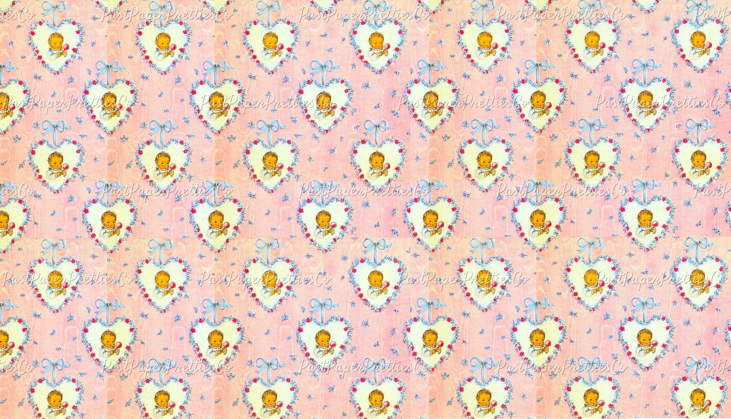 Vintage Printable Gift Wrap Kitsch Baby Girl in Flower Hearts Image Instant Digital Download Cute New Baby Shower Wrapping Paper