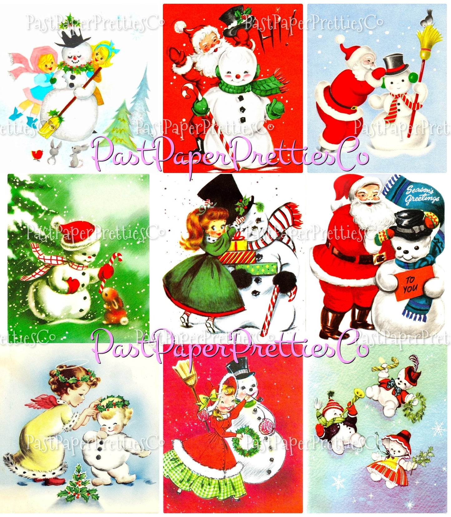 Vintage Christmas Printable MCM Snowmen and Their Friends Christmas Card Collage Images PDF Instant Digital Download Snowman Friendship