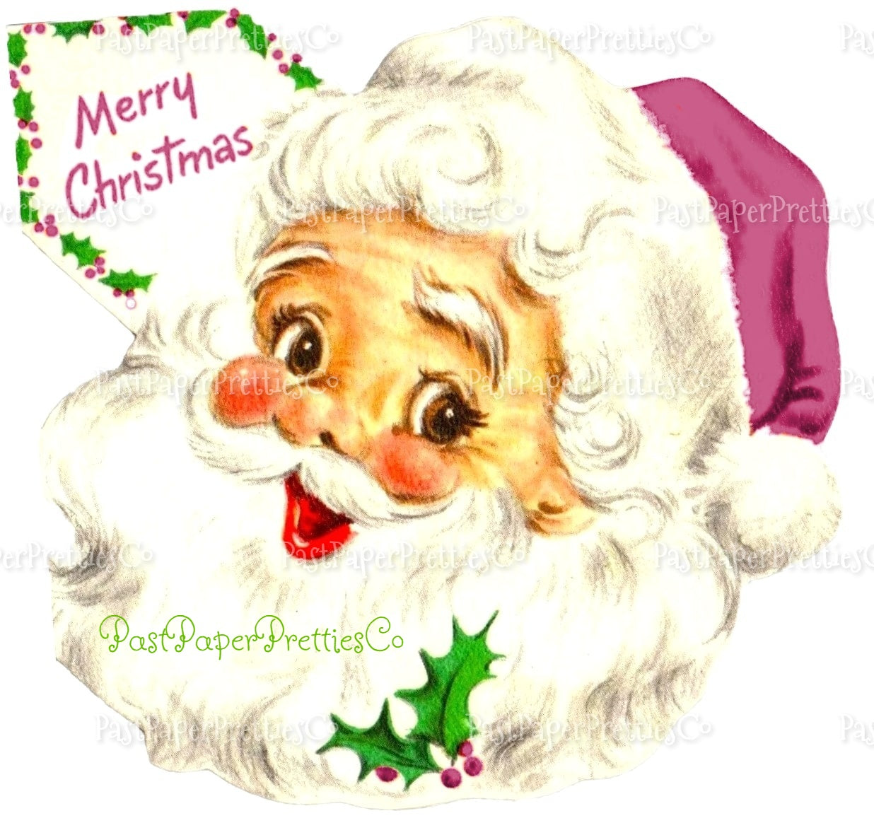 Vintage Merry Christmas Printable Retro Happy Santa Claus Face Red and Purple Hat Clipart Image PDF Instant Digital Download JPEG PNG