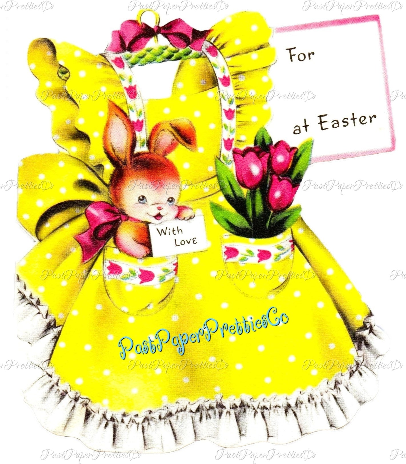 Vintage Printable Easter Apron with Cute Bunny & Tulips Card Image Instant Digital Download MCM Springtime Clip Art 300 dpi