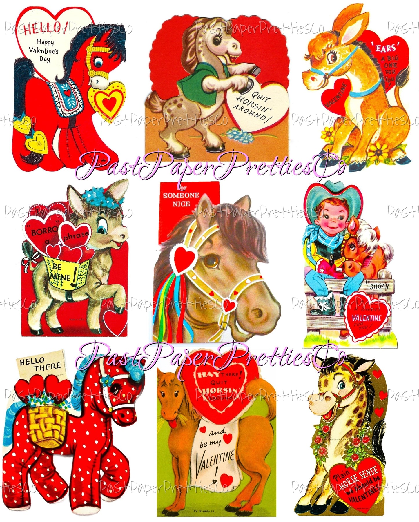 Vintage Valentines Day ALL Horses Themed Printable Card Image Collage Sheets PDF Instant Digital Download 54 Cute Pony Animal Clipart