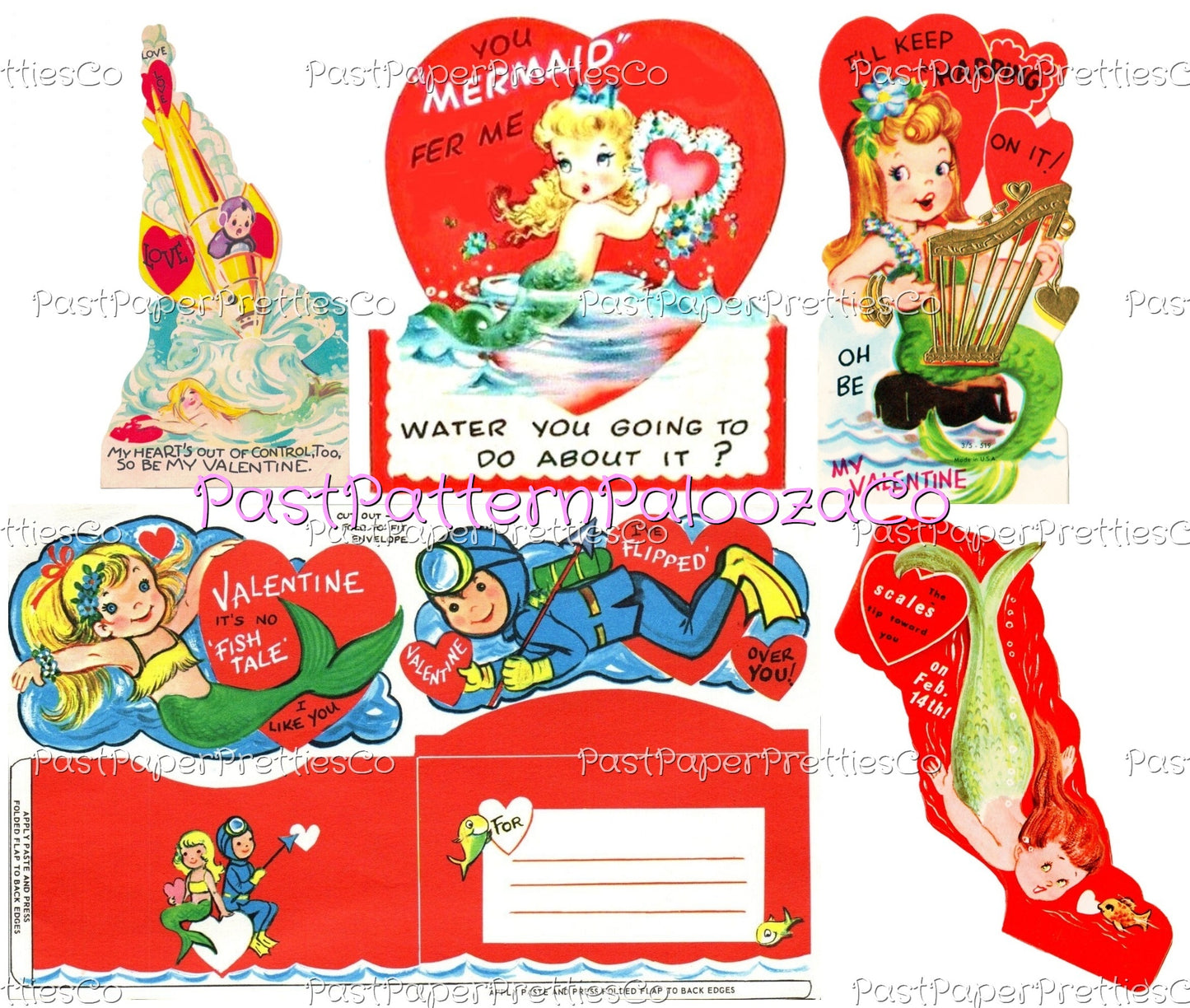 Vintage Printable Valentines Retro Mermaids Merman Card Images PDF Instant Digital Download Kitsch Kawaii Cute Mermaid Clip Art 300 dpi