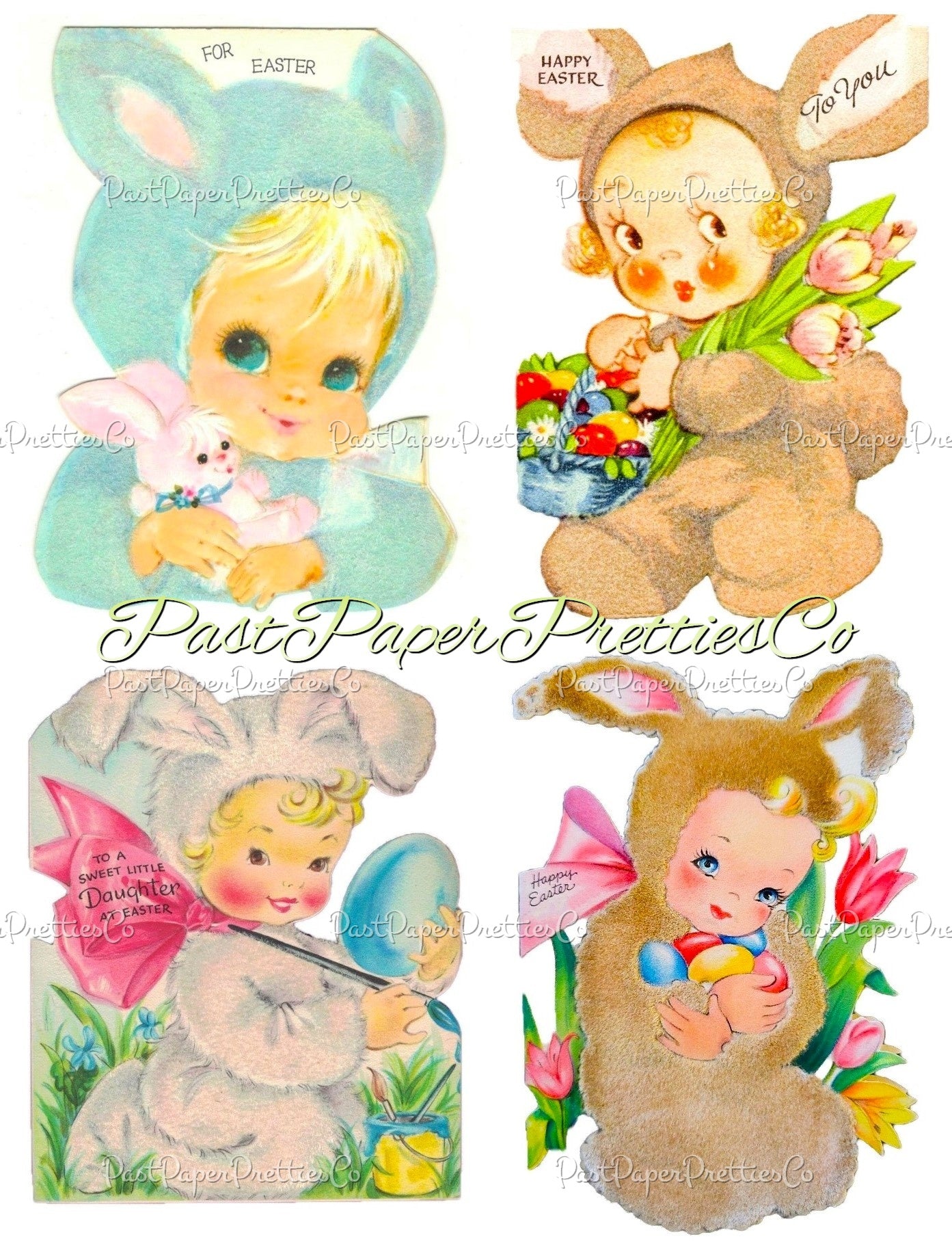 Vintage Easter Card Bunny Suit Babies Images 8 Cute Kitsch Printable Collage and Single Cards PDF Instant Digital Download MCM Clip Art