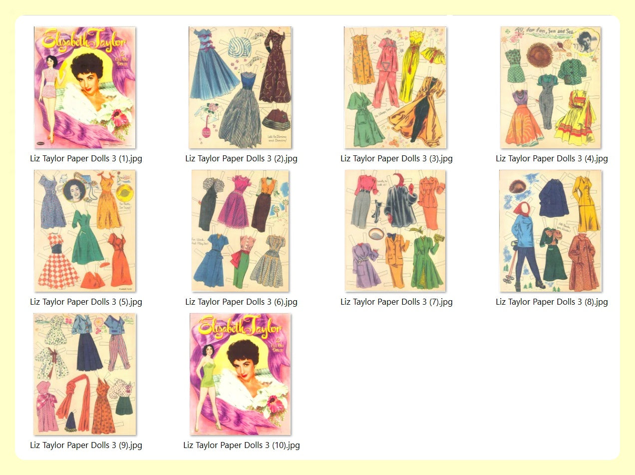 Vintage Movie Star Paper Dolls Elizabeth Taylor FIVE Set Lot 1950s PDF Printable Instant Digital Download Hollywood Actress Clipart