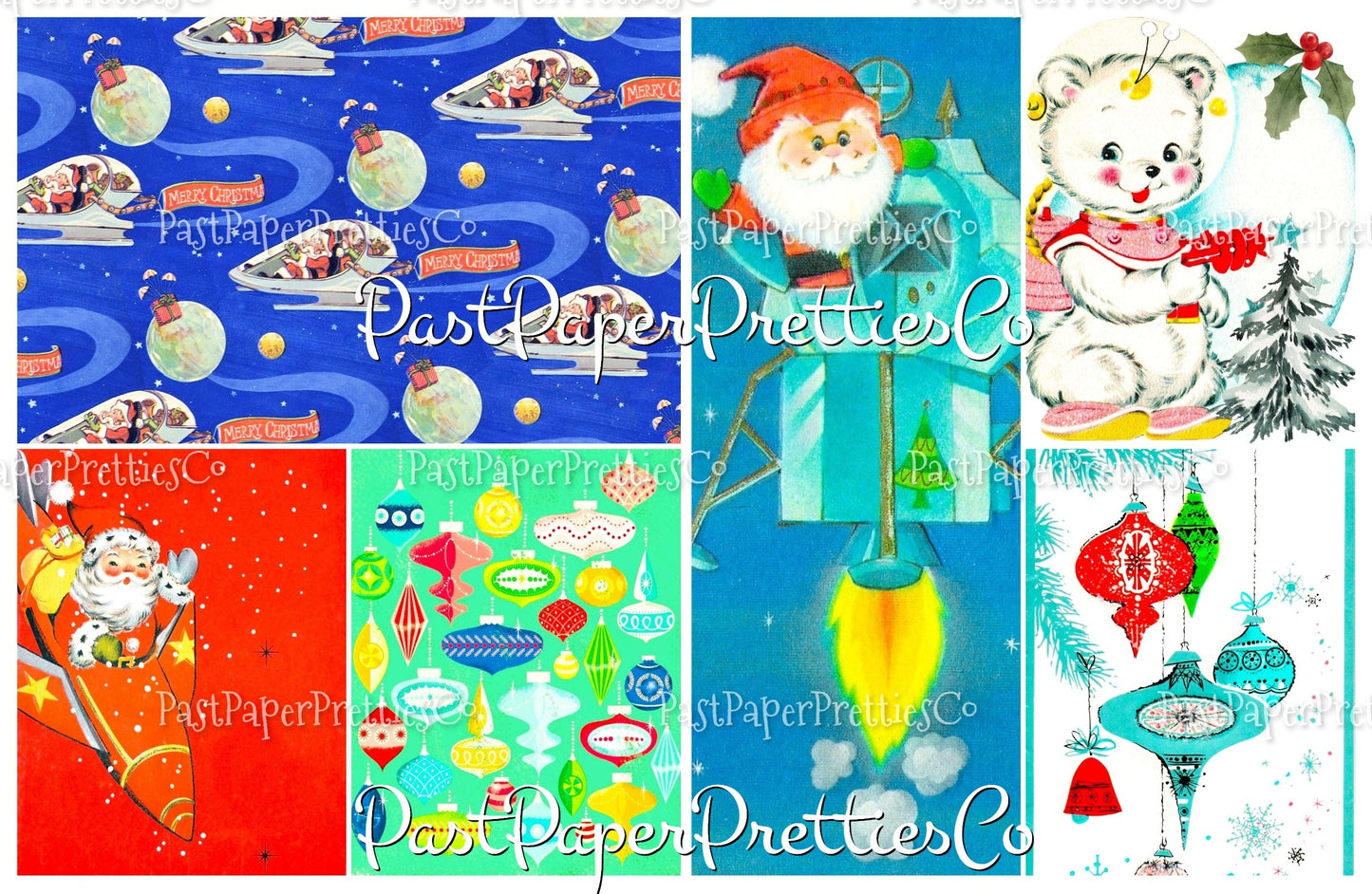 Vintage Christmas Printable MCM Outer Space Atomic Rocket Ship Card Collage Images PDF Instant Digital Download Retro Astronaut Santa Kids
