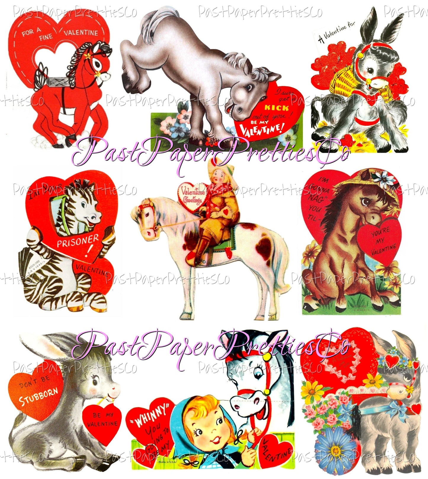 Vintage Valentines Day ALL Horses Themed Printable Card Image Collage Sheets PDF Instant Digital Download 54 Cute Pony Animal Clipart