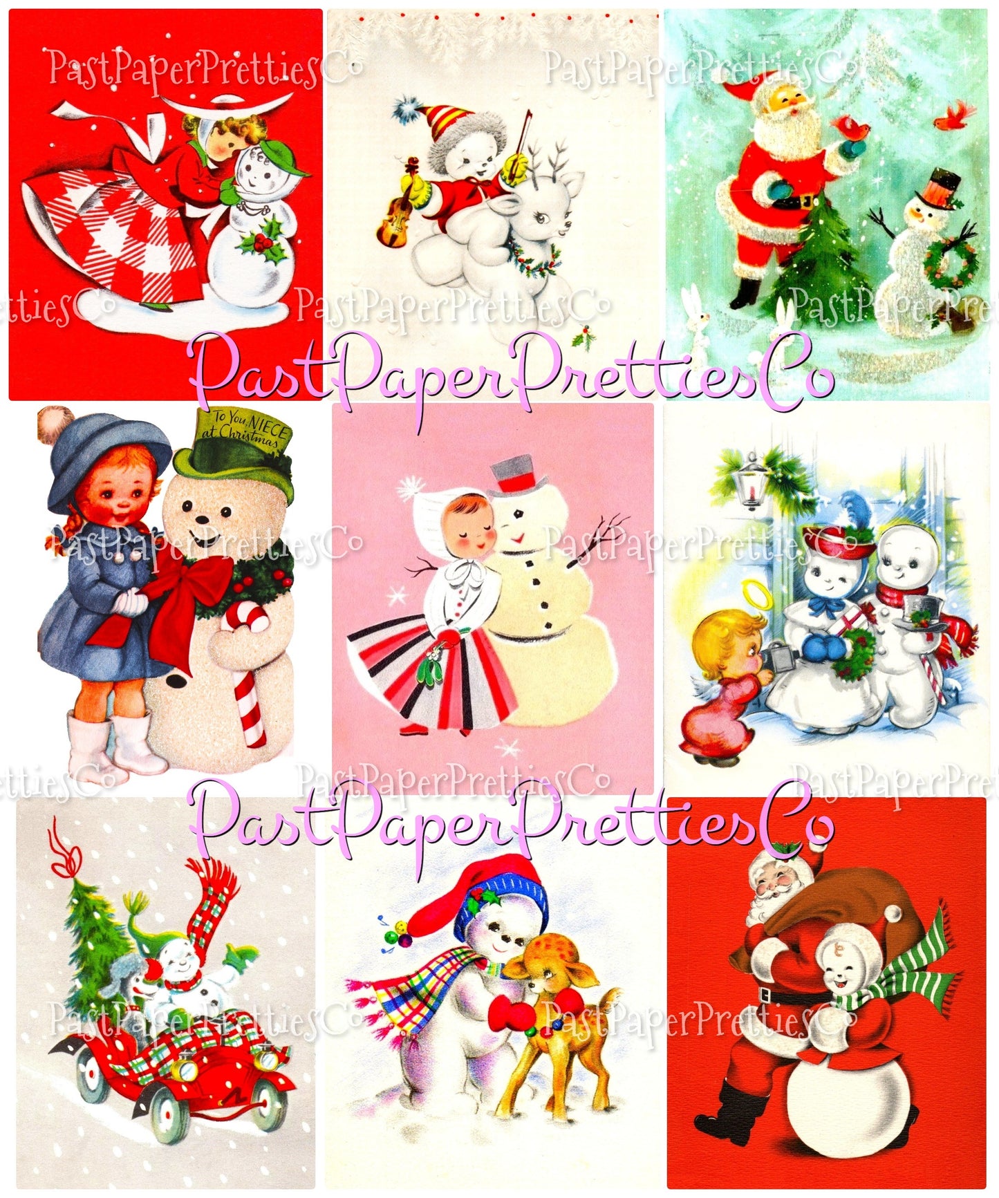 Vintage Christmas Printable MCM Snowmen and Their Friends Christmas Card Collage Images PDF Instant Digital Download Snowman Friendship