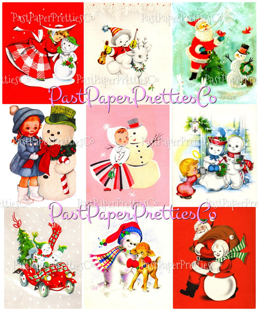 Vintage Christmas Printable MCM Snowmen and Their Friends Christmas Card Collage Images PDF Instant Digital Download Snowman Friendship