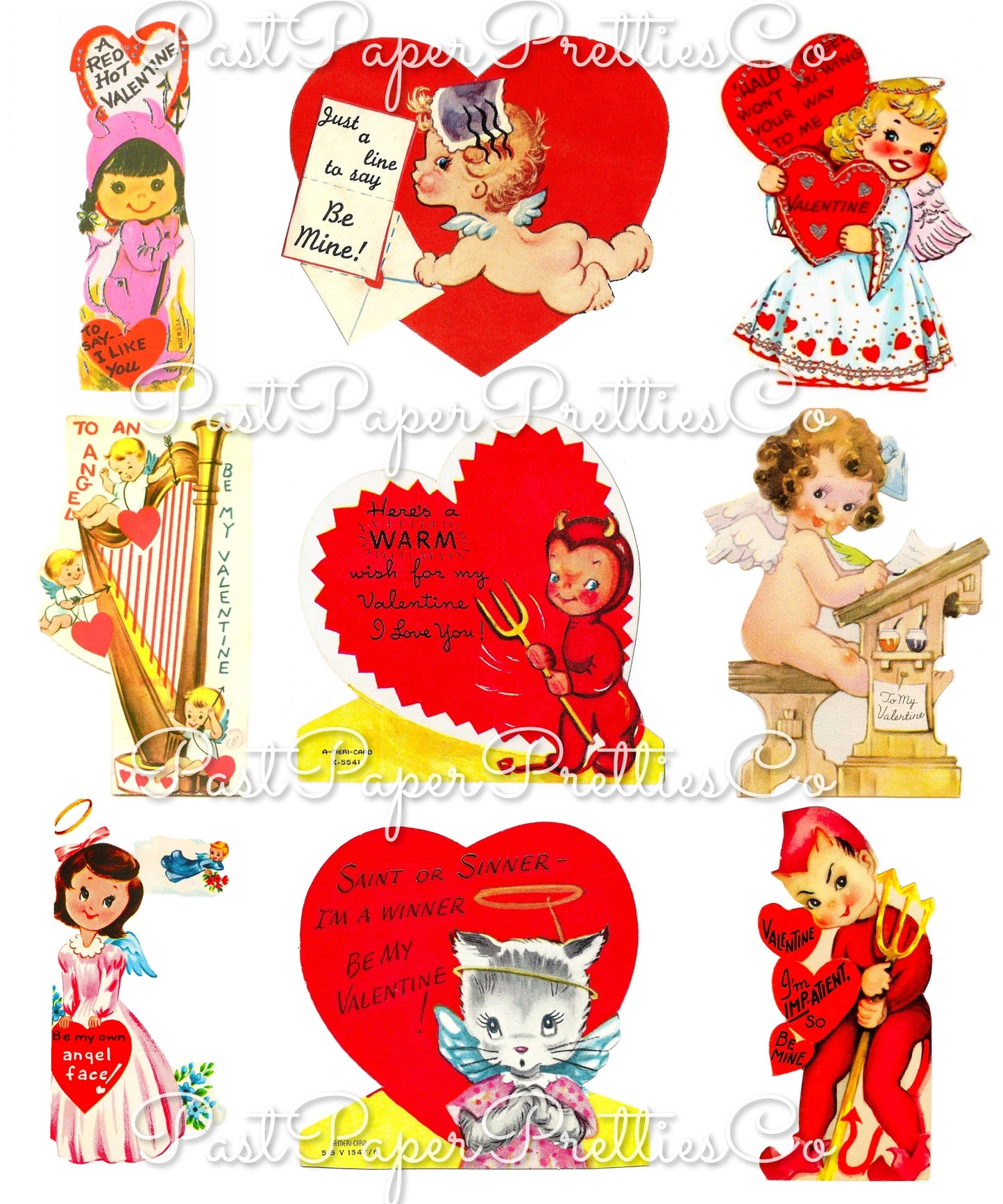 Vintage Valentines Day ALL Angels and Devils Themed Printable Card Image Collage Sheets PDF Instant Digital Download 45 Cute Hearts Clipart