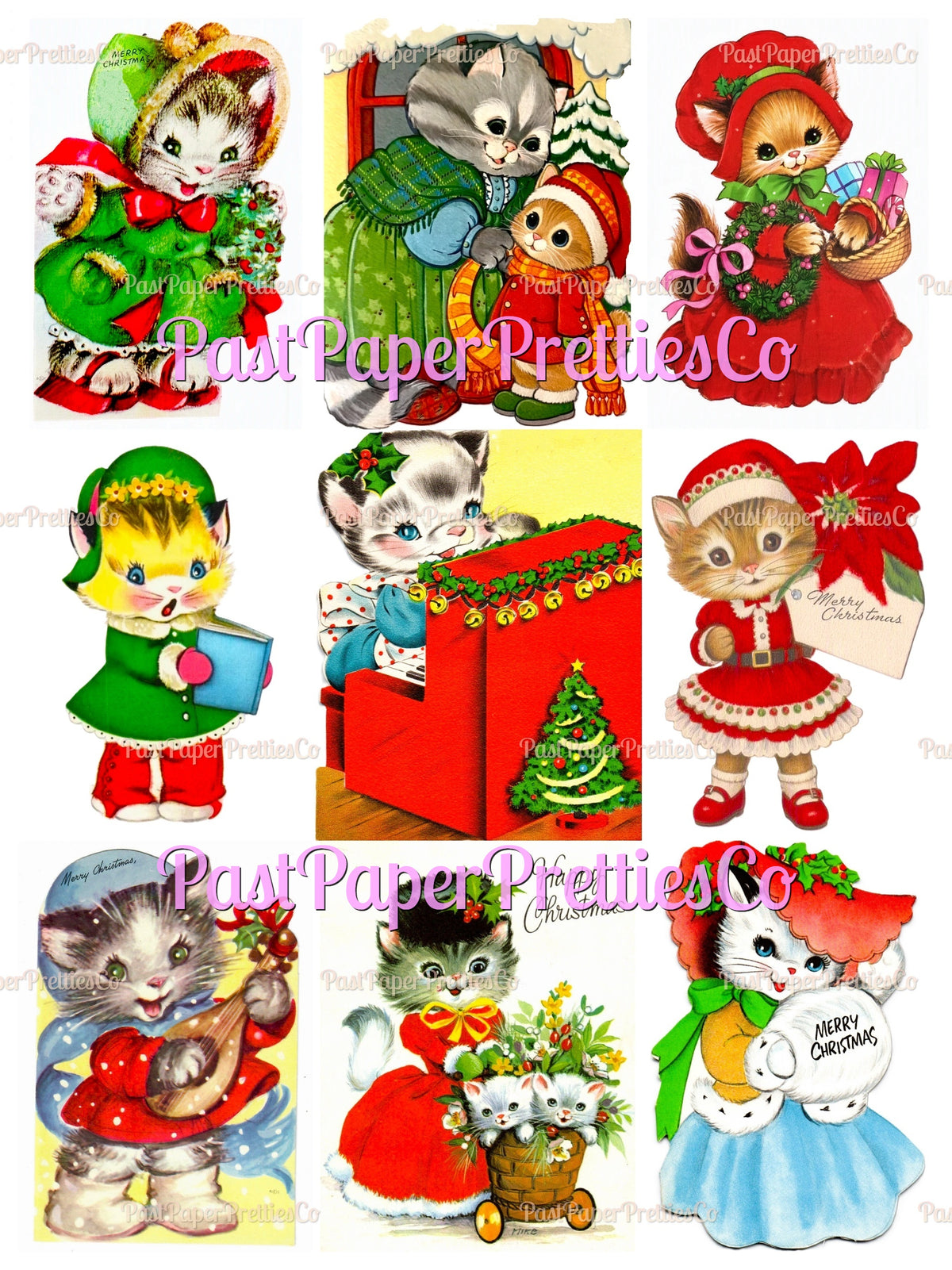 Vintage Printable Girl Kittens Kitty Cat Christmas Card Collage Sheets 36 Images PDF Instant Digital Download ALL Girly Cats Clipart