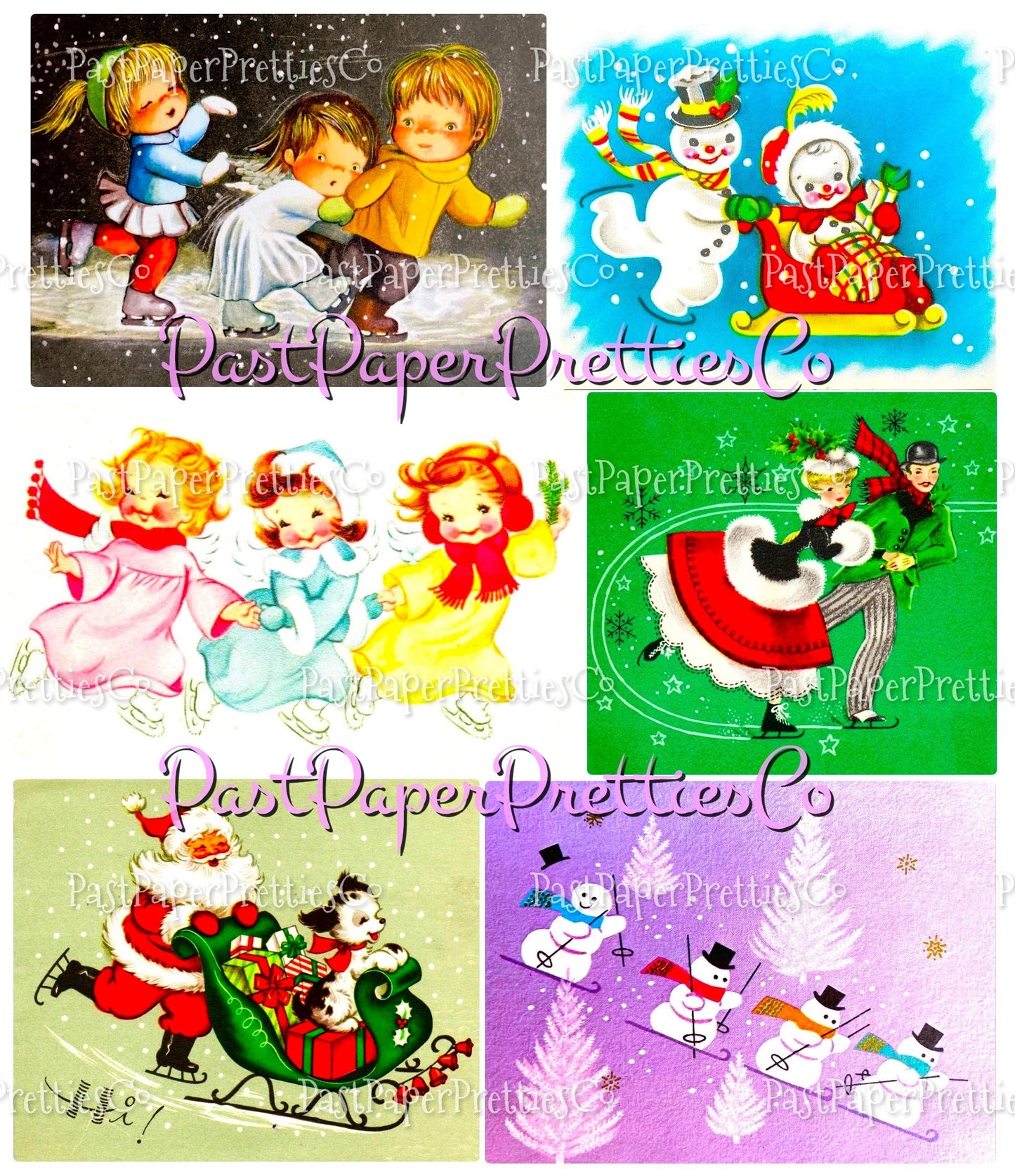 Vintage Christmas Printable MCM Skating Skiing Sledding Snowshoeing Cuties Card Collage Images PDF Instant Digital Download Holiday Outdoors