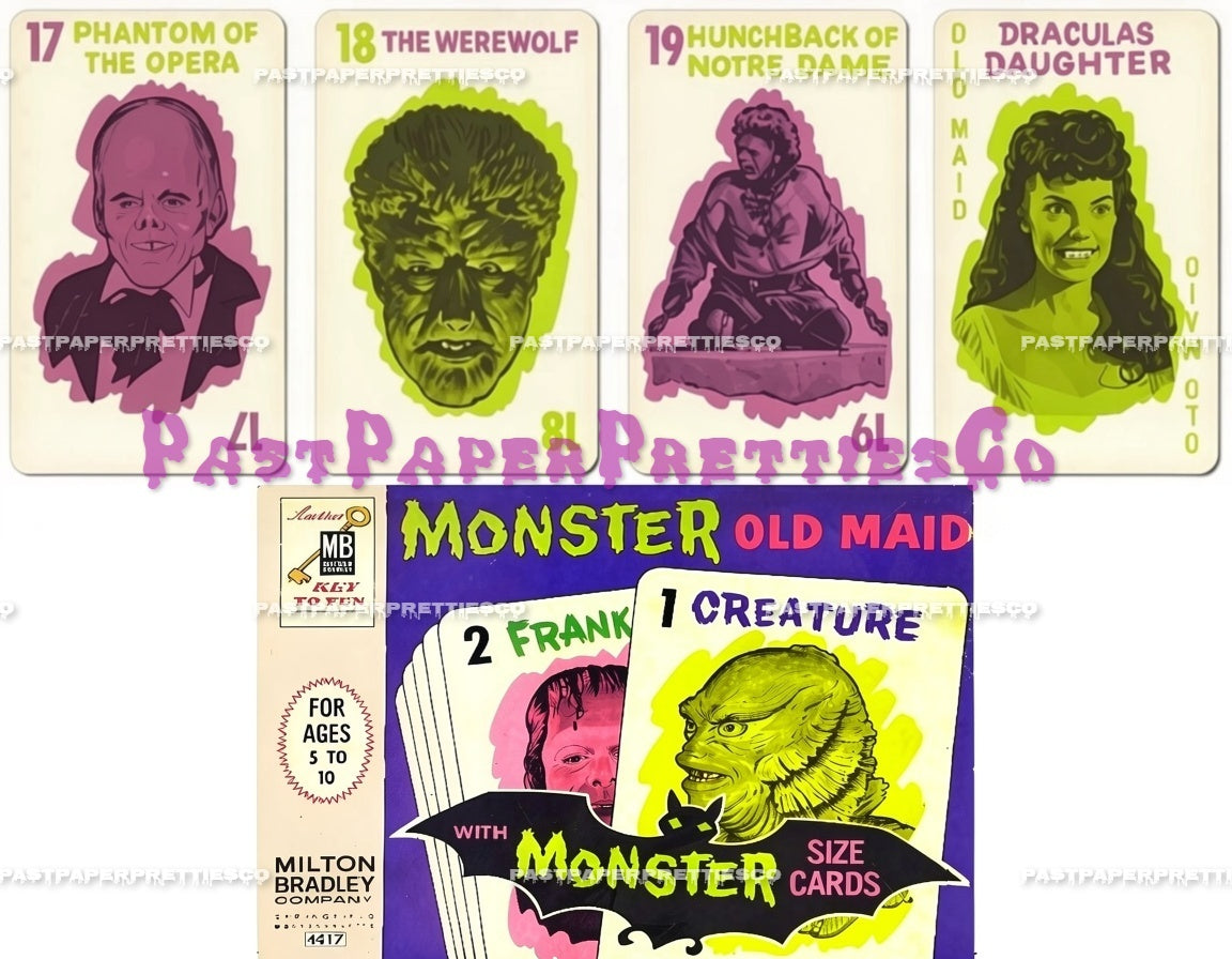 Vintage Printable Monster Old Maid Playing Cards Spooktacular Collage Set PDF Instant Digital Download Halloween Classic 60s Card Game