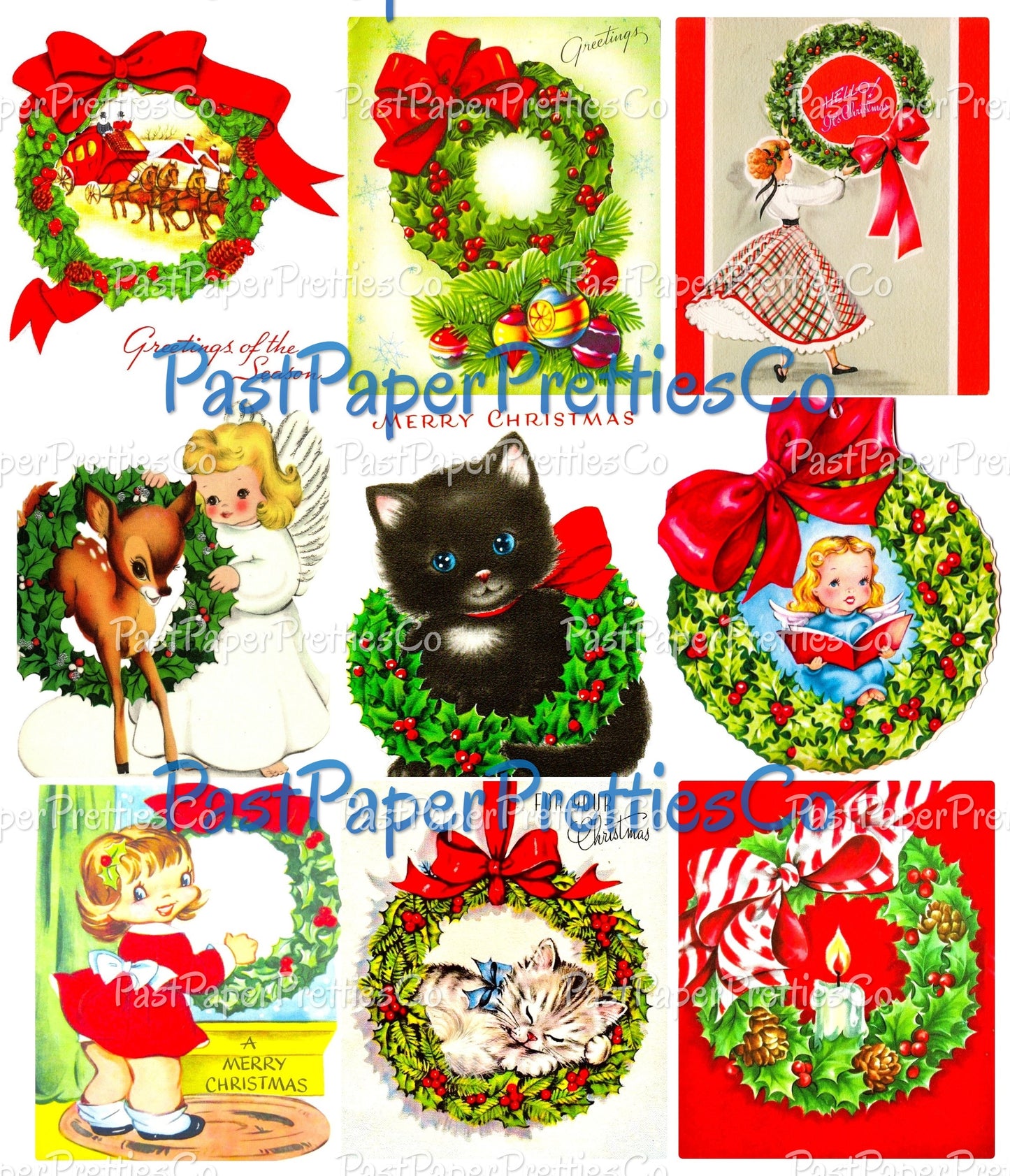 45 Vintage Printable Christmas Wreaths Collage Sheets Retro MCM Card Images PDF Instant Digital Download Cute Santa Snowmen Animals