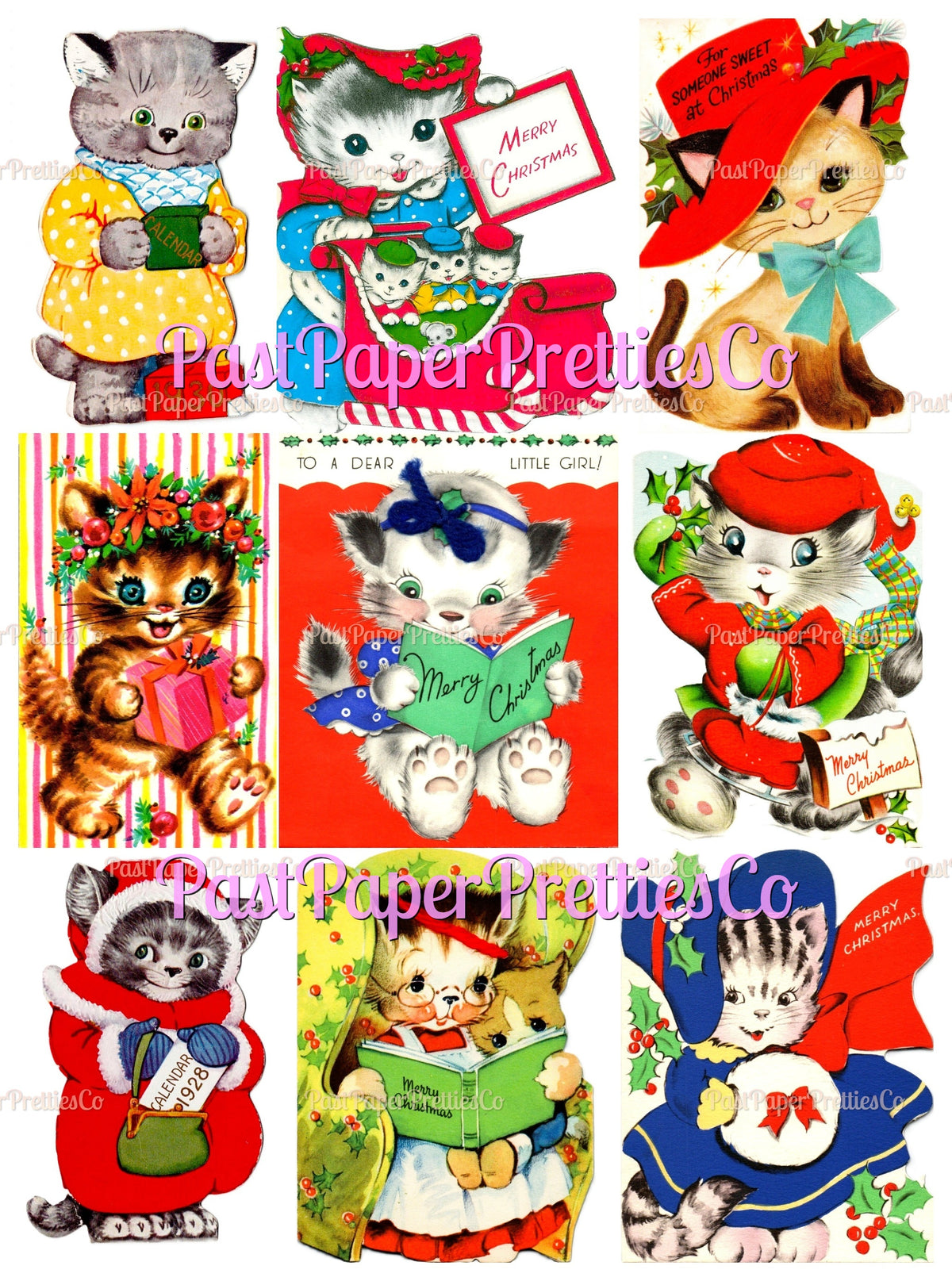 Vintage Printable Girl Kittens Kitty Cat Christmas Card Collage Sheets 36 Images PDF Instant Digital Download ALL Girly Cats Clipart